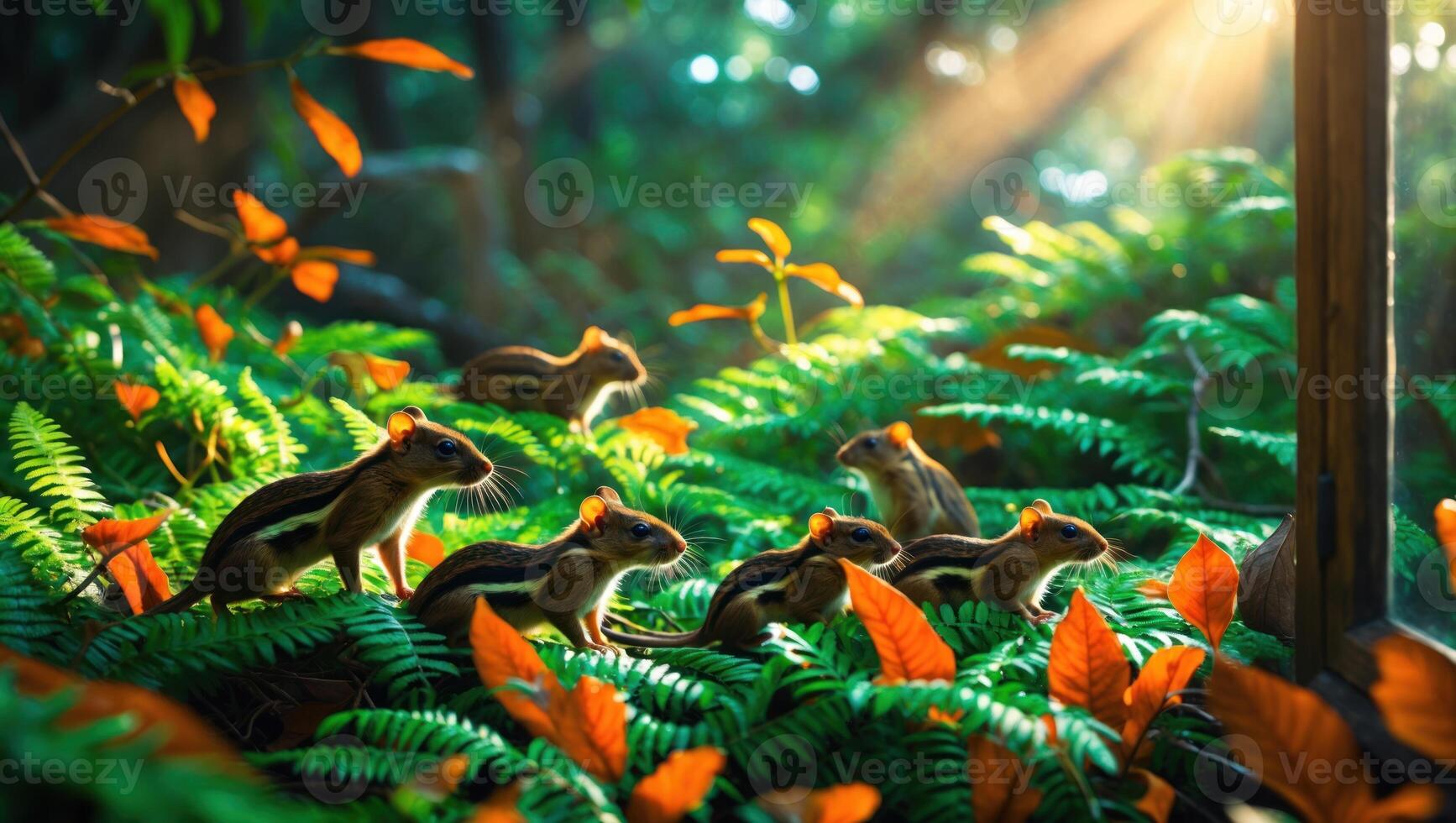 A group of playful chipmunks exploring a vibrant green forest filled with ferns and sunlight photo