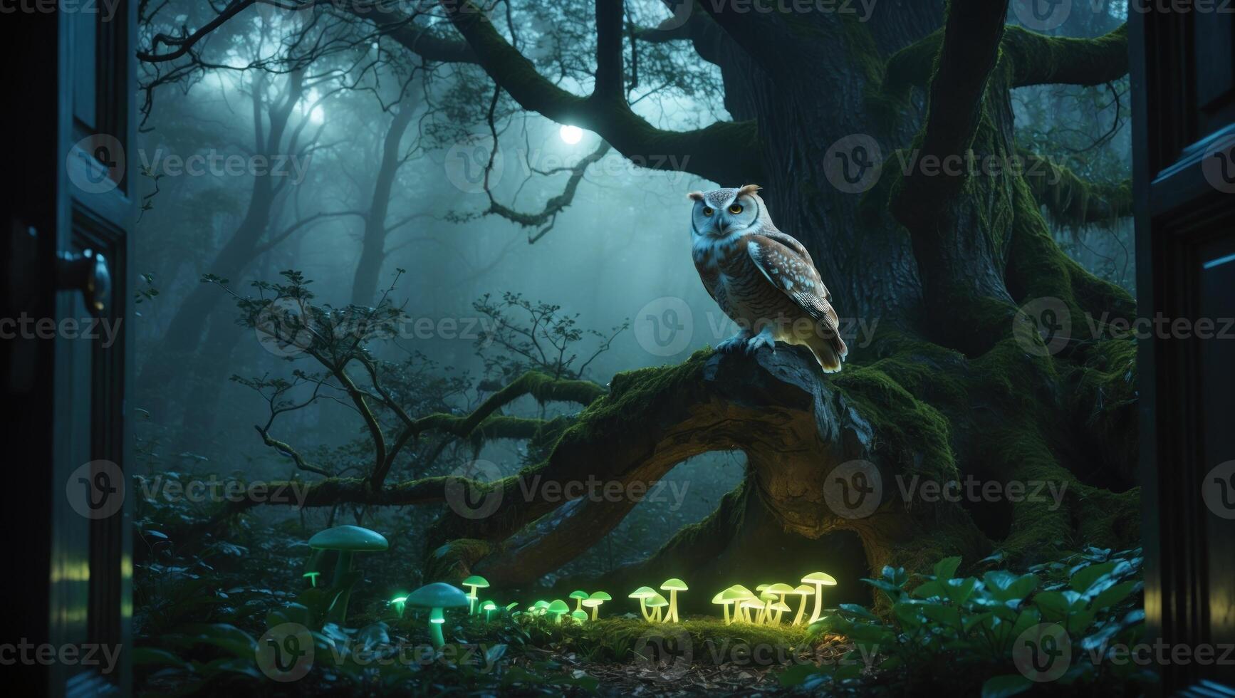 Enchanted forest scene featuring an owl perched on a mossy tree, illuminated mushrooms in the foreground photo