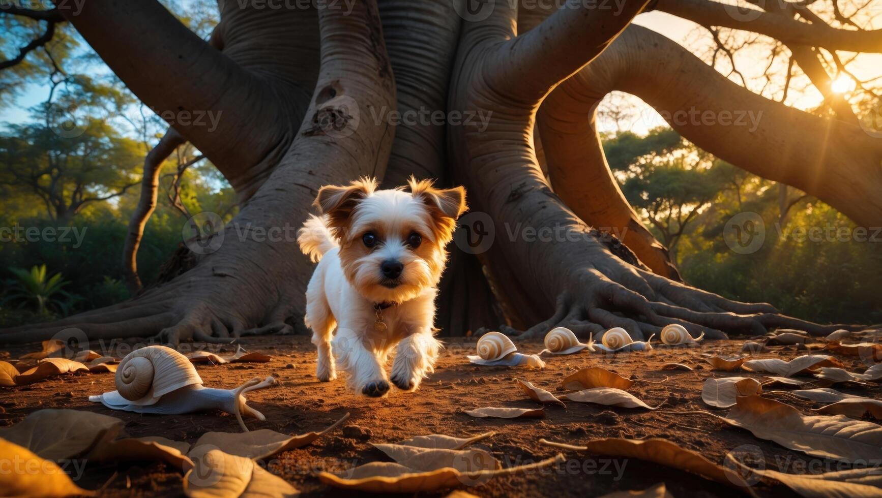Small dog running through fallen leaves near a large tree with snails on the ground at sunset photo