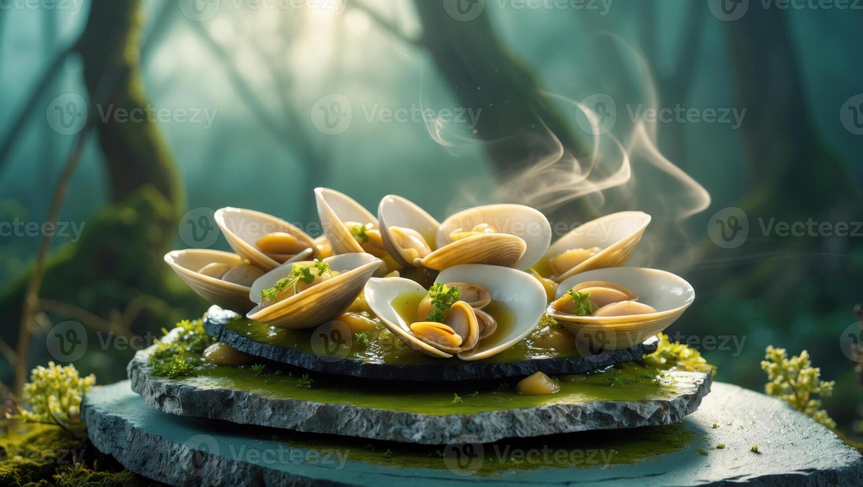 Steaming clams served on a stone plate in a misty forest setting, creating a serene dining experience photo