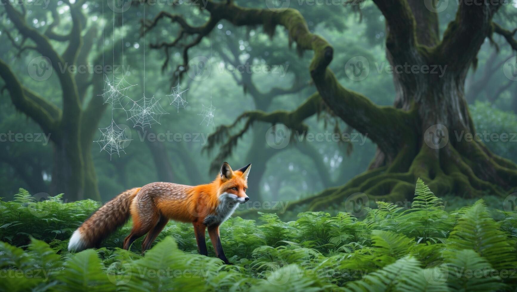 A vibrant red fox standing amidst lush green ferns in a misty forest, with intricate spider webs in the background photo