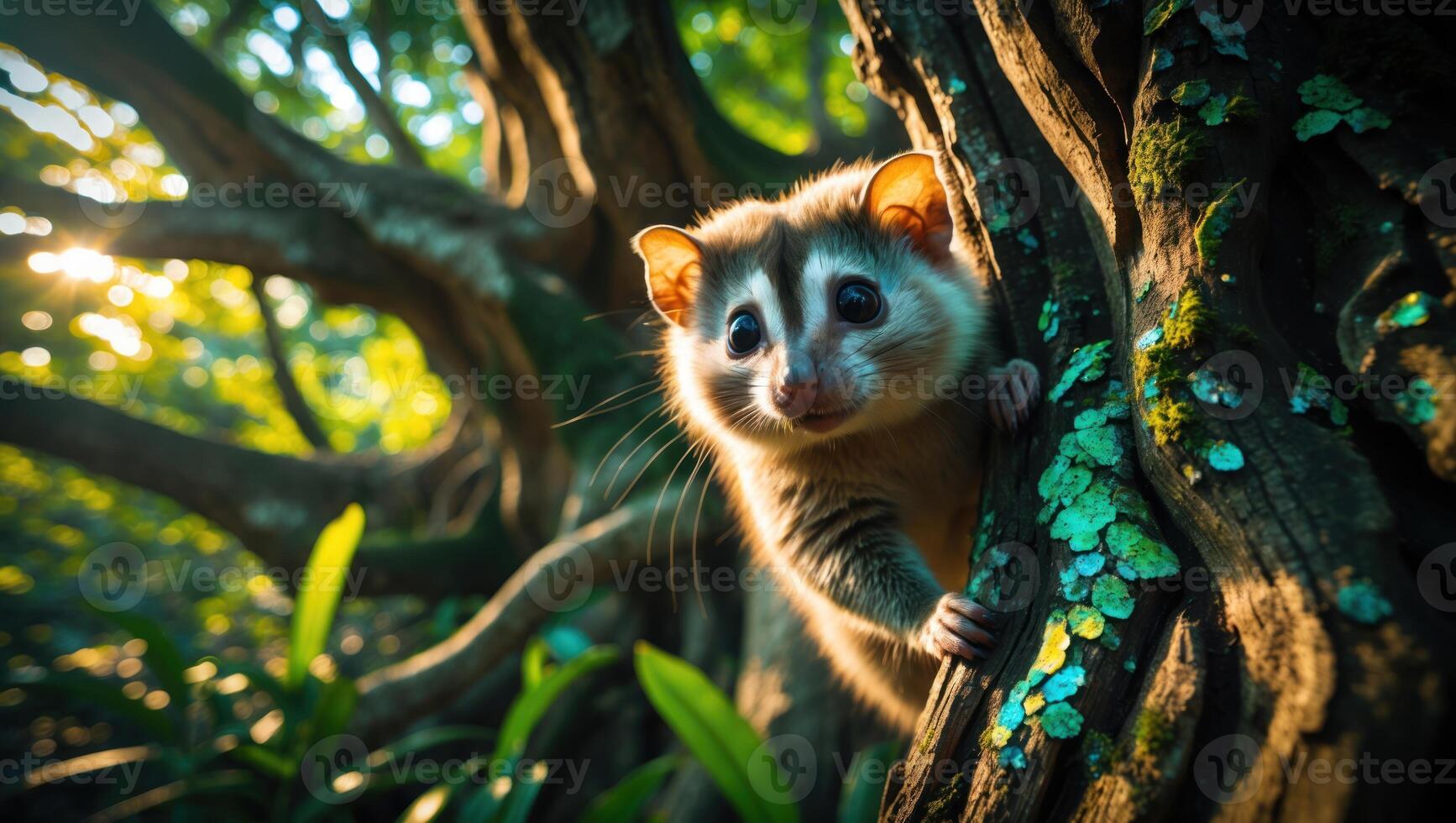 A curious small mammal peeking from a tree trunk in a lush forest, with sunlight filtering through leaves photo