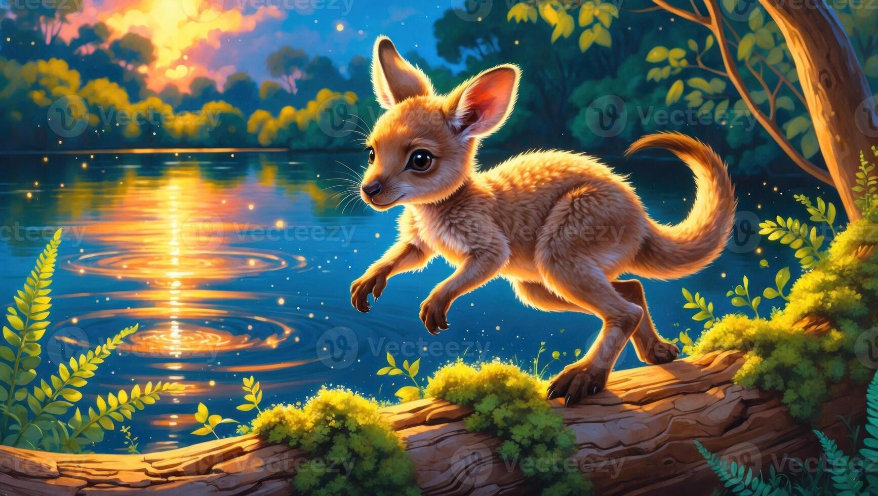 A playful kangaroo joey exploring a vibrant riverside at sunset, surrounded by lush greenery photo