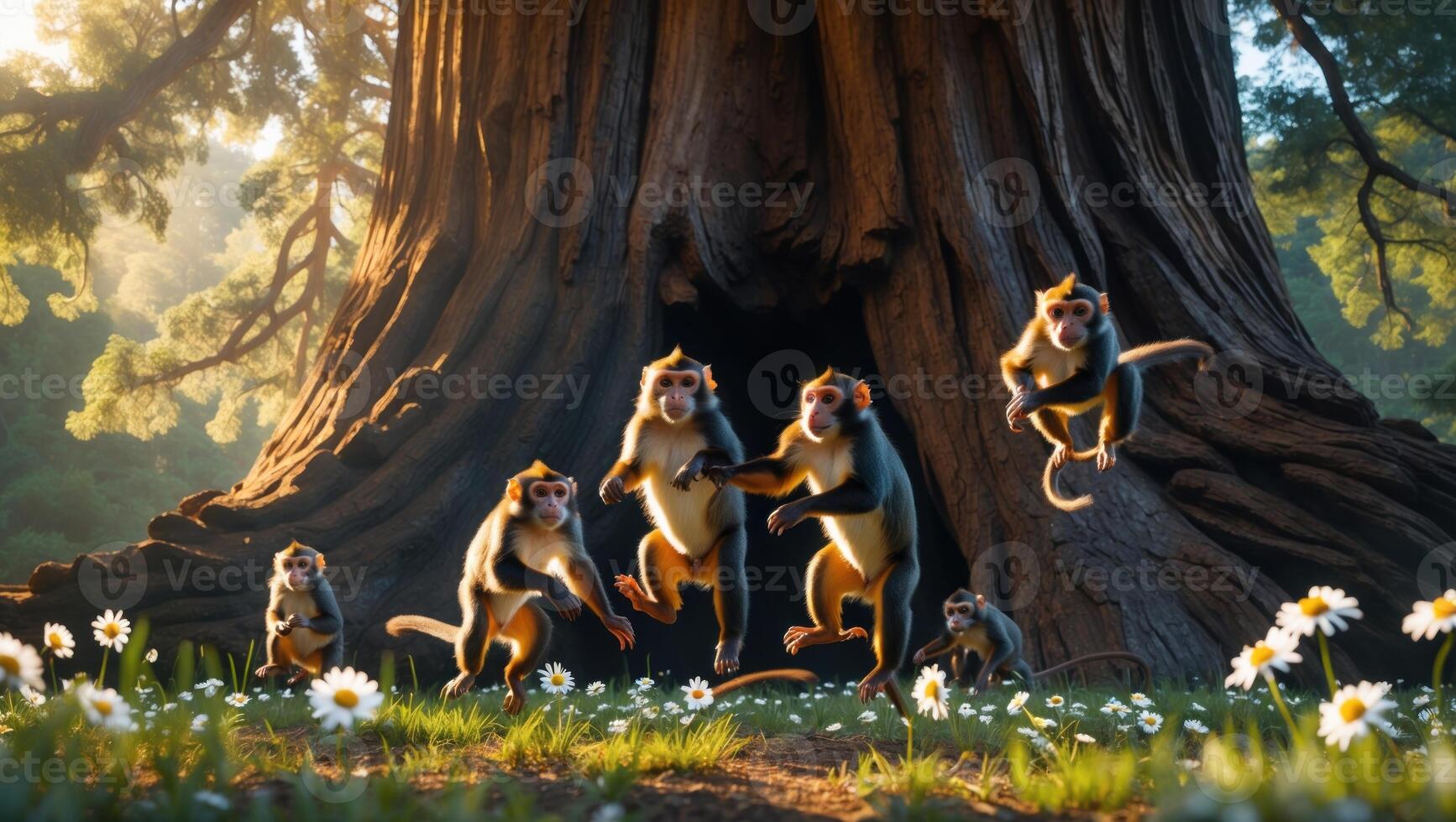Playful monkeys frolic around a large tree trunk, surrounded by daisies in a vibrant forest setting photo