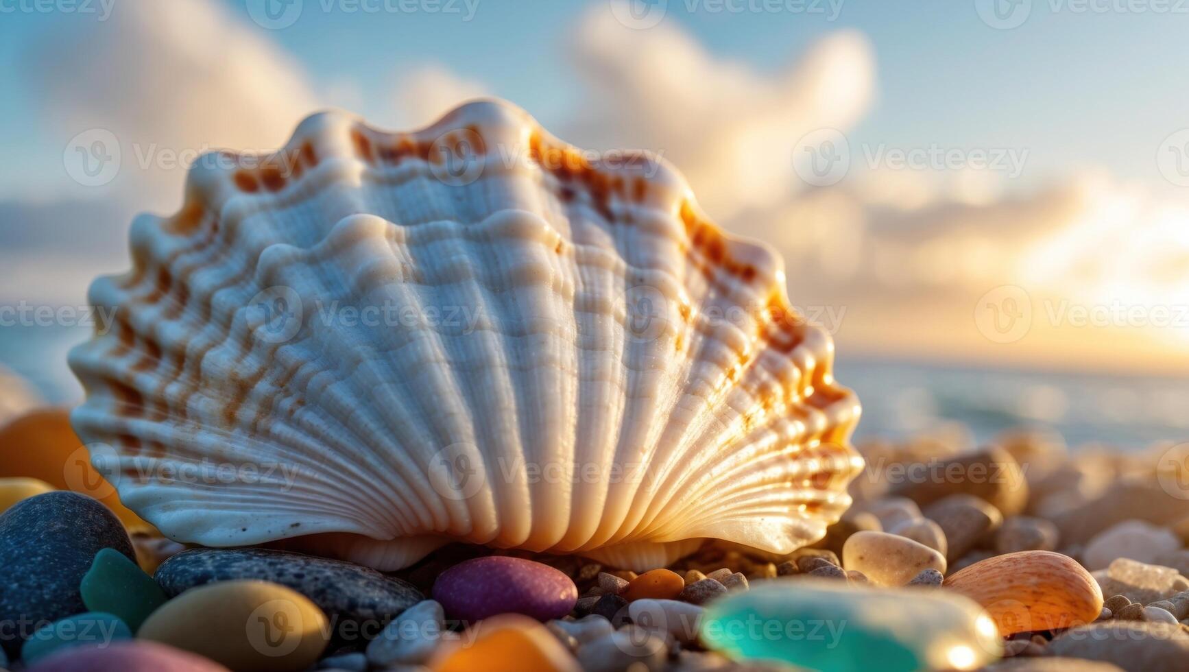 A close-up view of a large seashell resting on a pebbled beach at sunset, with vibrant colors in the sky photo