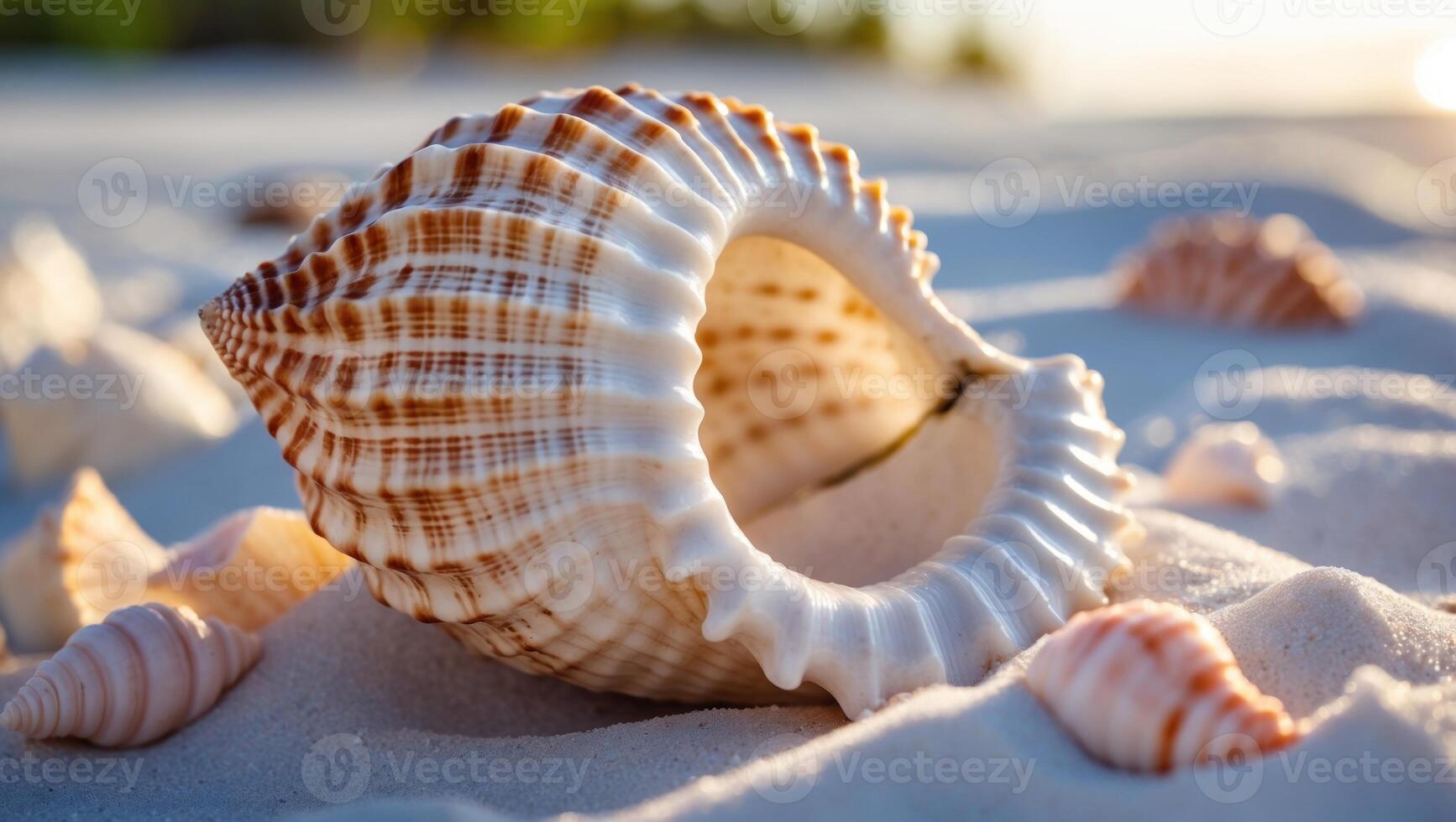 Close-up of a beautifully patterned seashell resting on soft, sandy beach with sunlight illuminating it photo