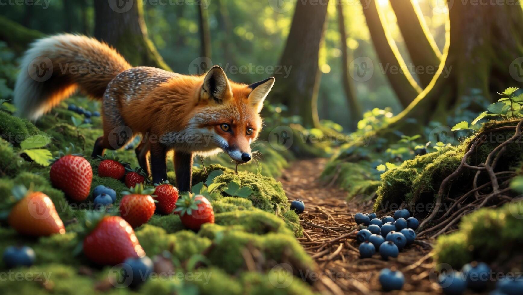 A curious fox exploring a lush forest path scattered with strawberries and blueberries during sunset photo