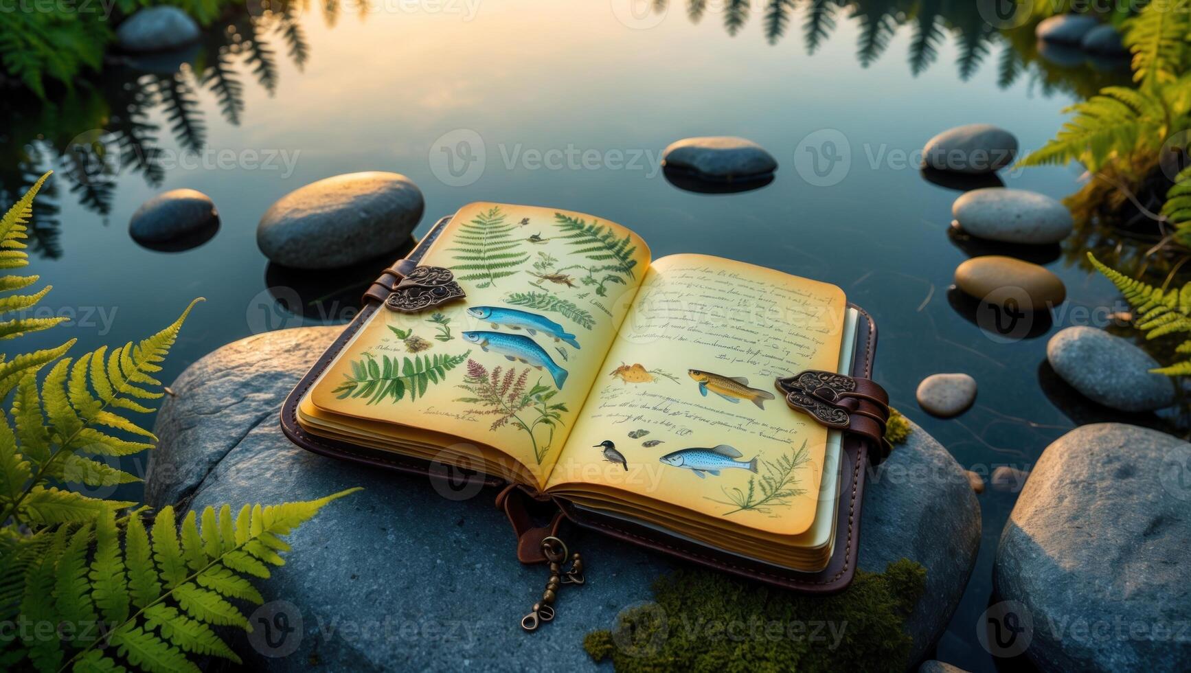 Open nature journal resting on smooth stones beside a tranquil river, surrounded by lush ferns photo