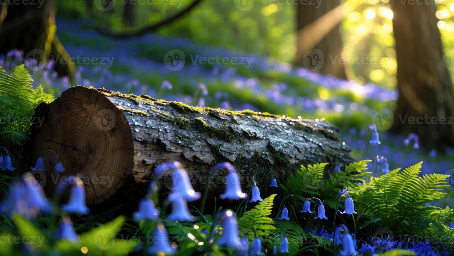 Tranquil forest scene with a fallen log surrounded by vibrant bluebells and ferns, sunbeams filtering through trees photo