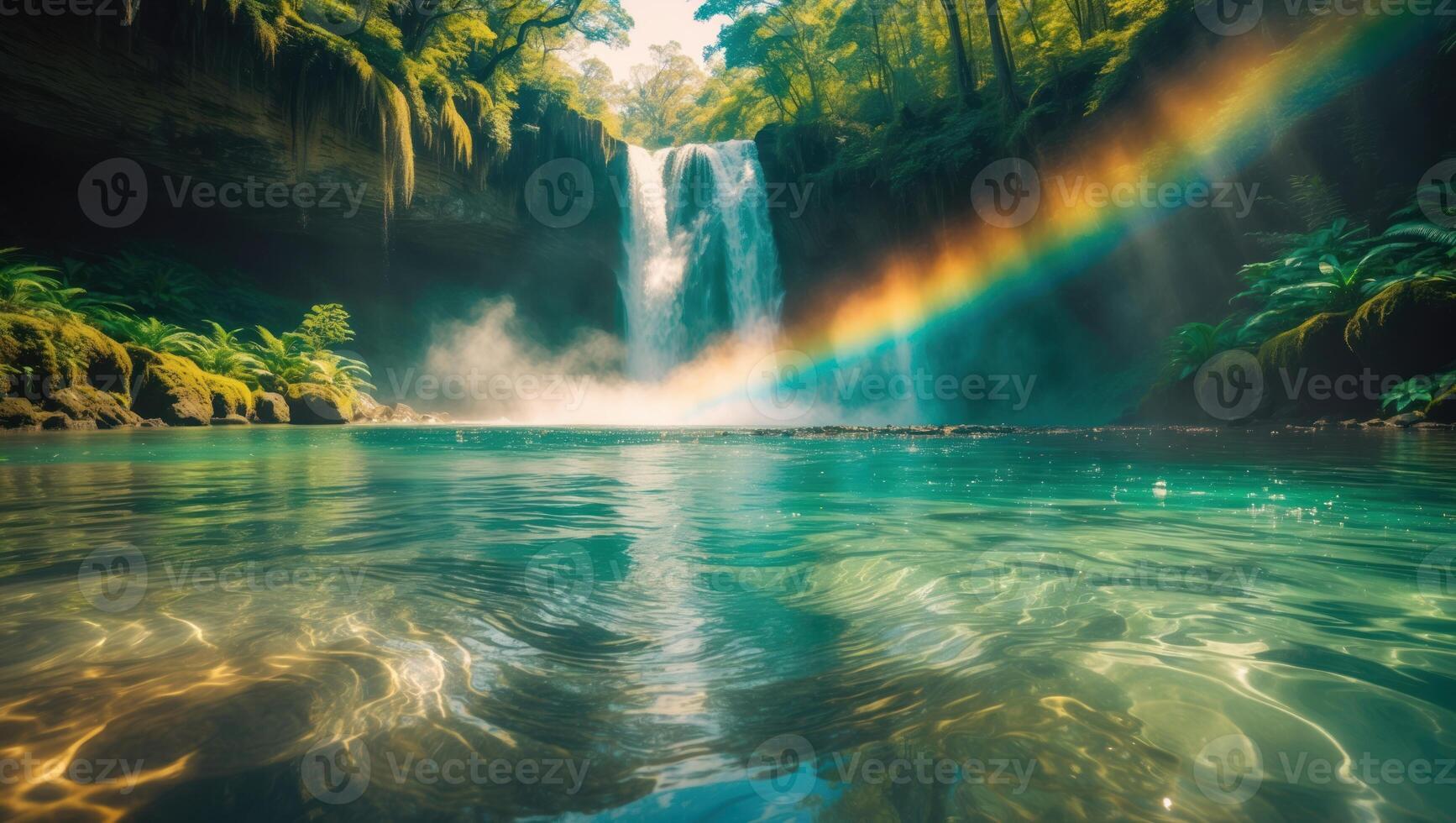 Serene waterfall cascading into turquoise pool, surrounded by lush greenery and a vibrant rainbow photo