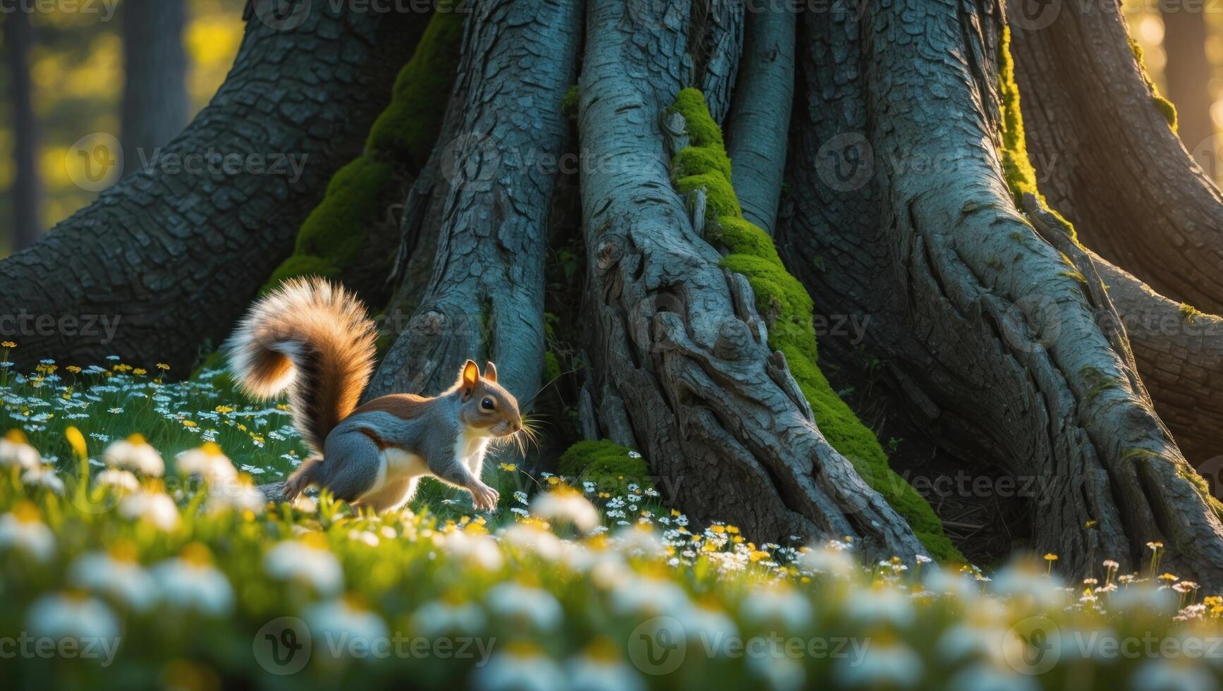 Squirrel leaping through a meadow of daisies near a large, moss-covered tree in a sunlit forest photo