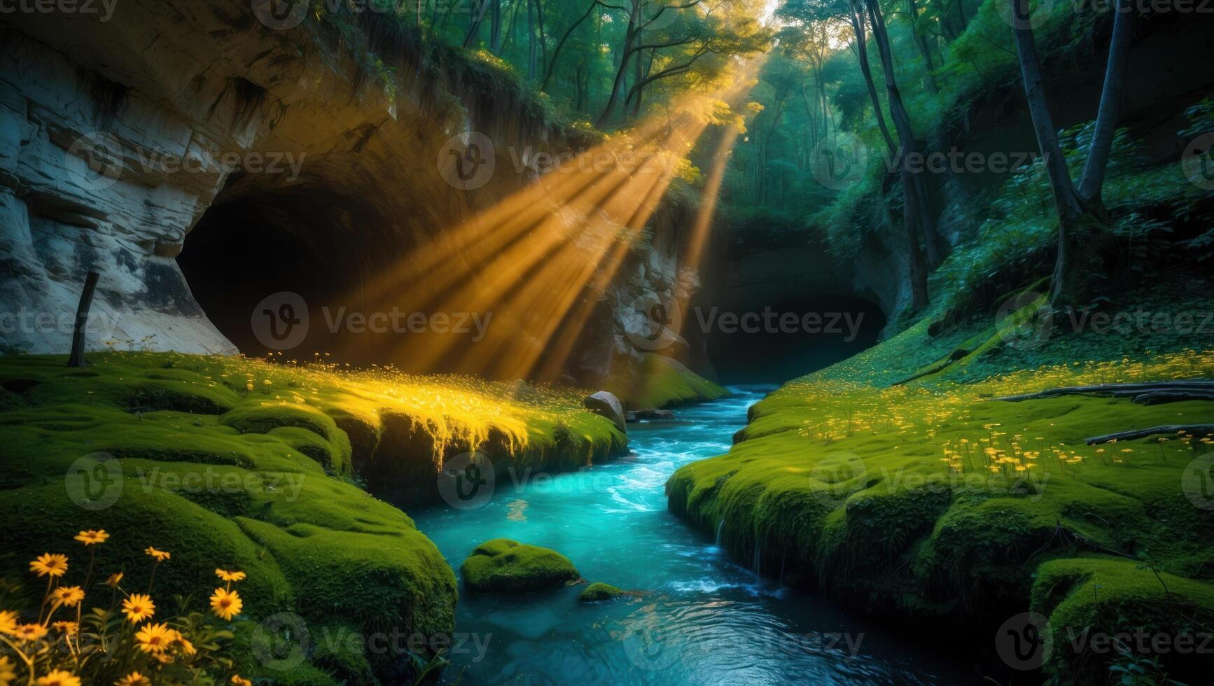 Serene forest landscape with sunlight streaming through trees over a tranquil river and mossy banks photo