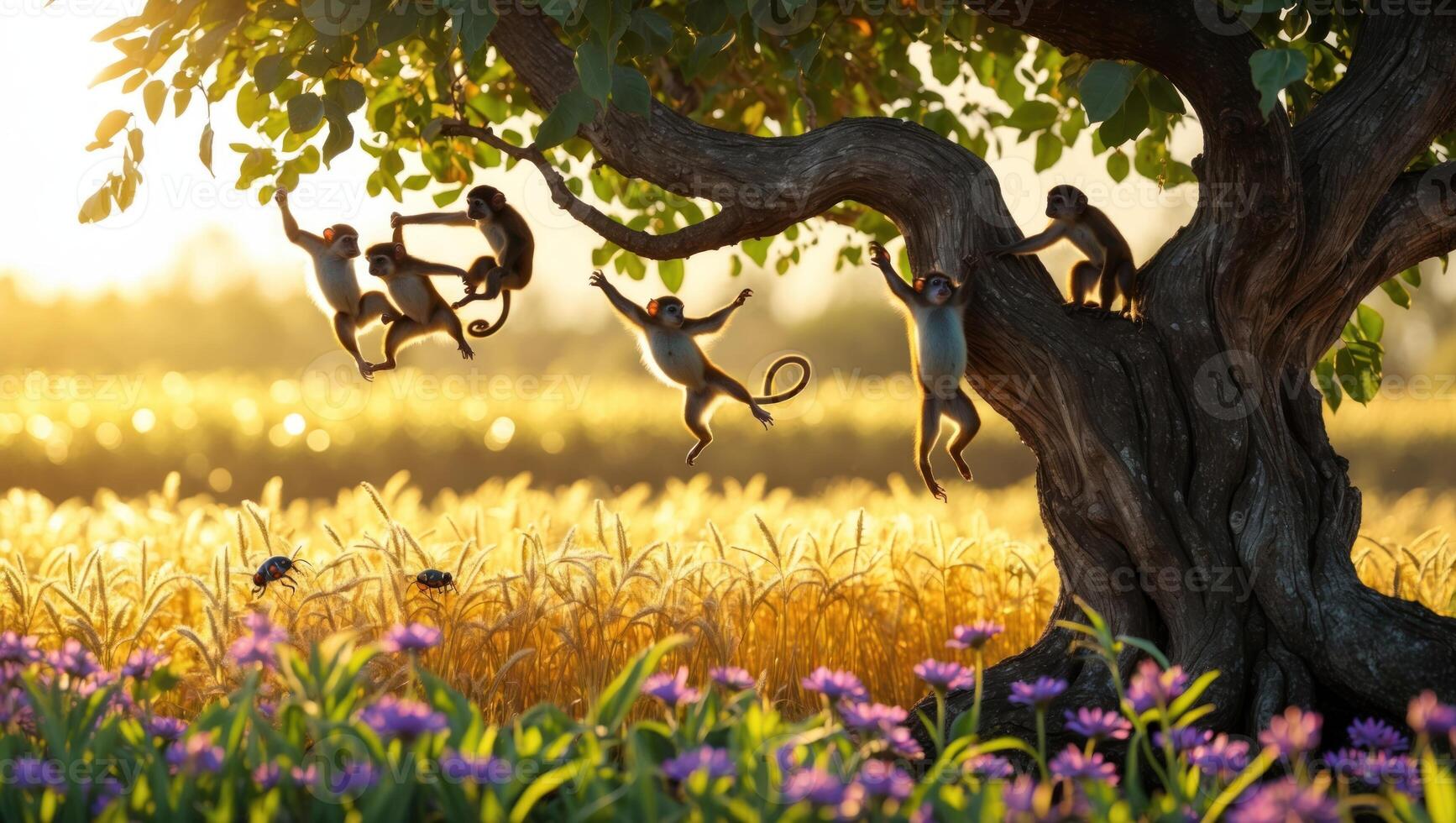 Playful monkeys swinging and interacting in a lush tree above a golden field with vibrant flowers photo