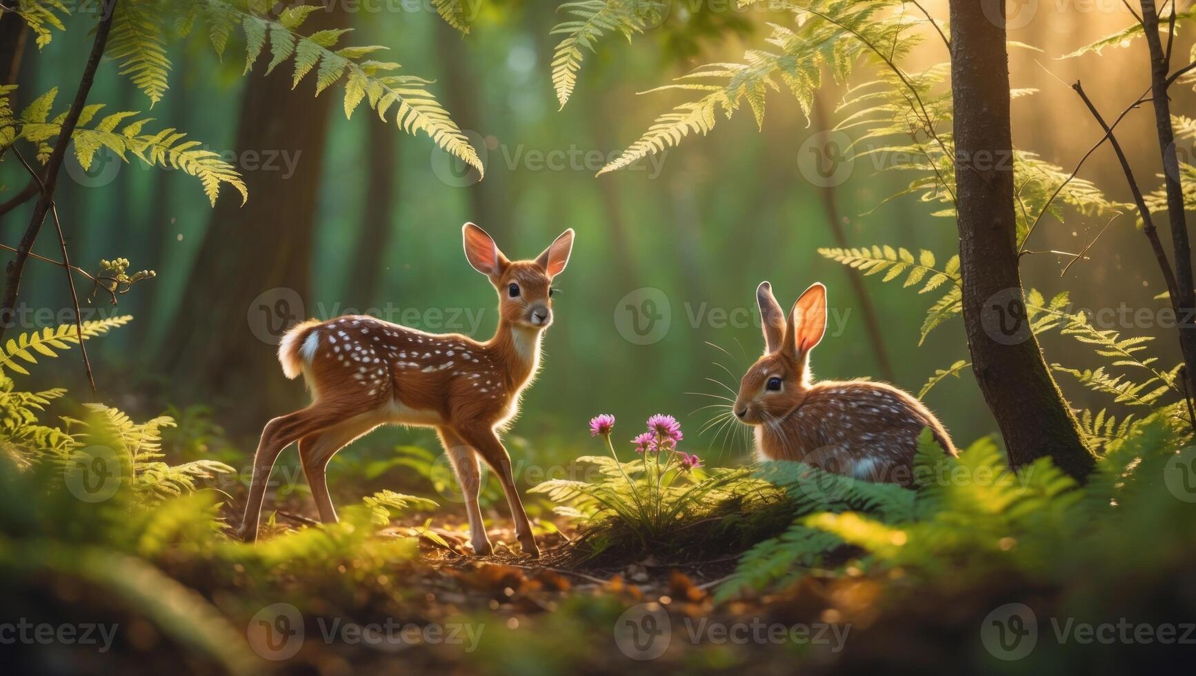 Two young fawns and a rabbit in a serene forest setting, surrounded by lush greenery and soft sunlight photo