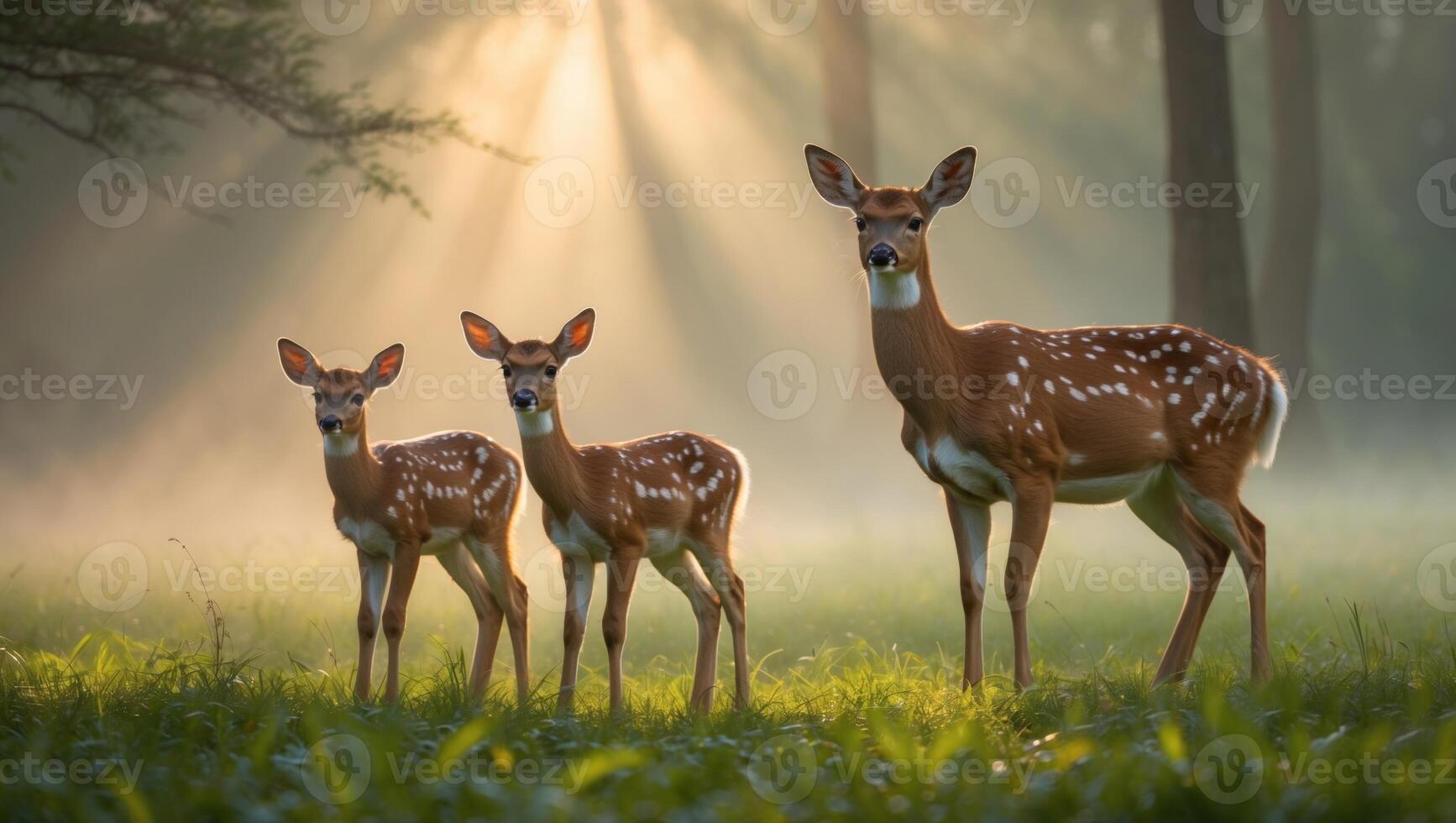 Three graceful deer standing in a misty forest, illuminated by sunlight filtering through trees photo