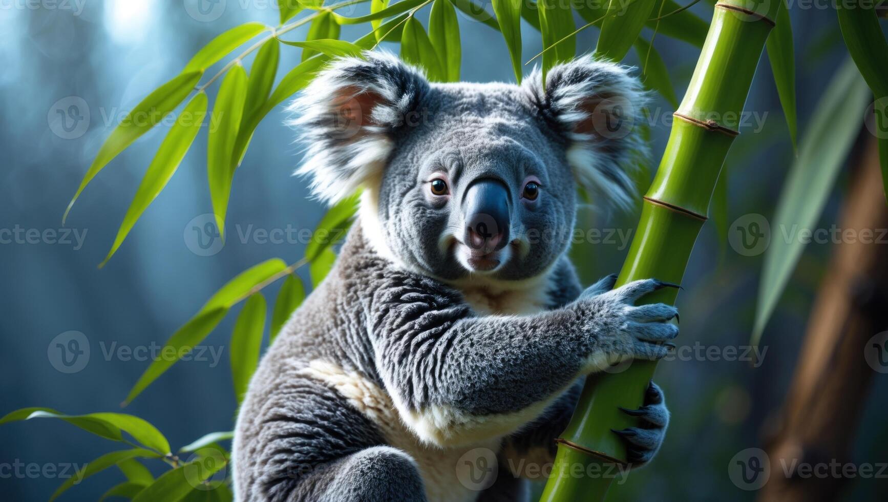A close-up view of a koala clinging to a bamboo stalk in a serene forest setting with soft lighting photo