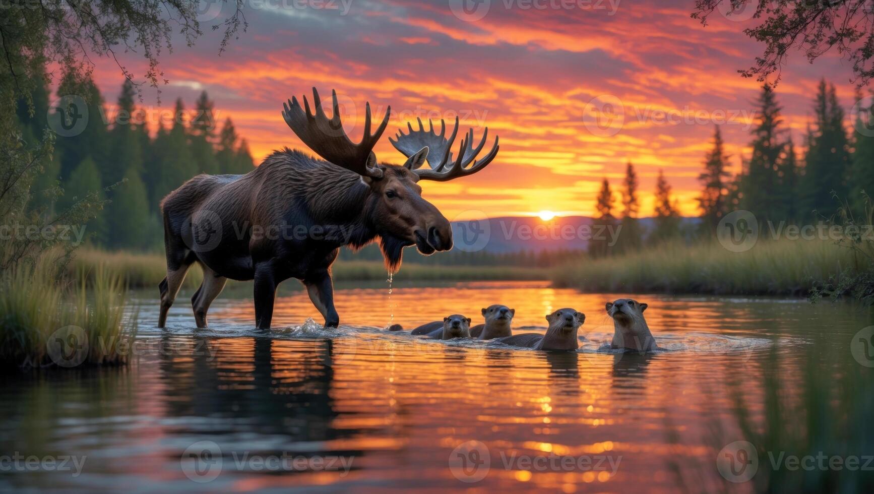 Majestic moose wading through a serene lake at sunset, surrounded by playful otters in the foreground photo