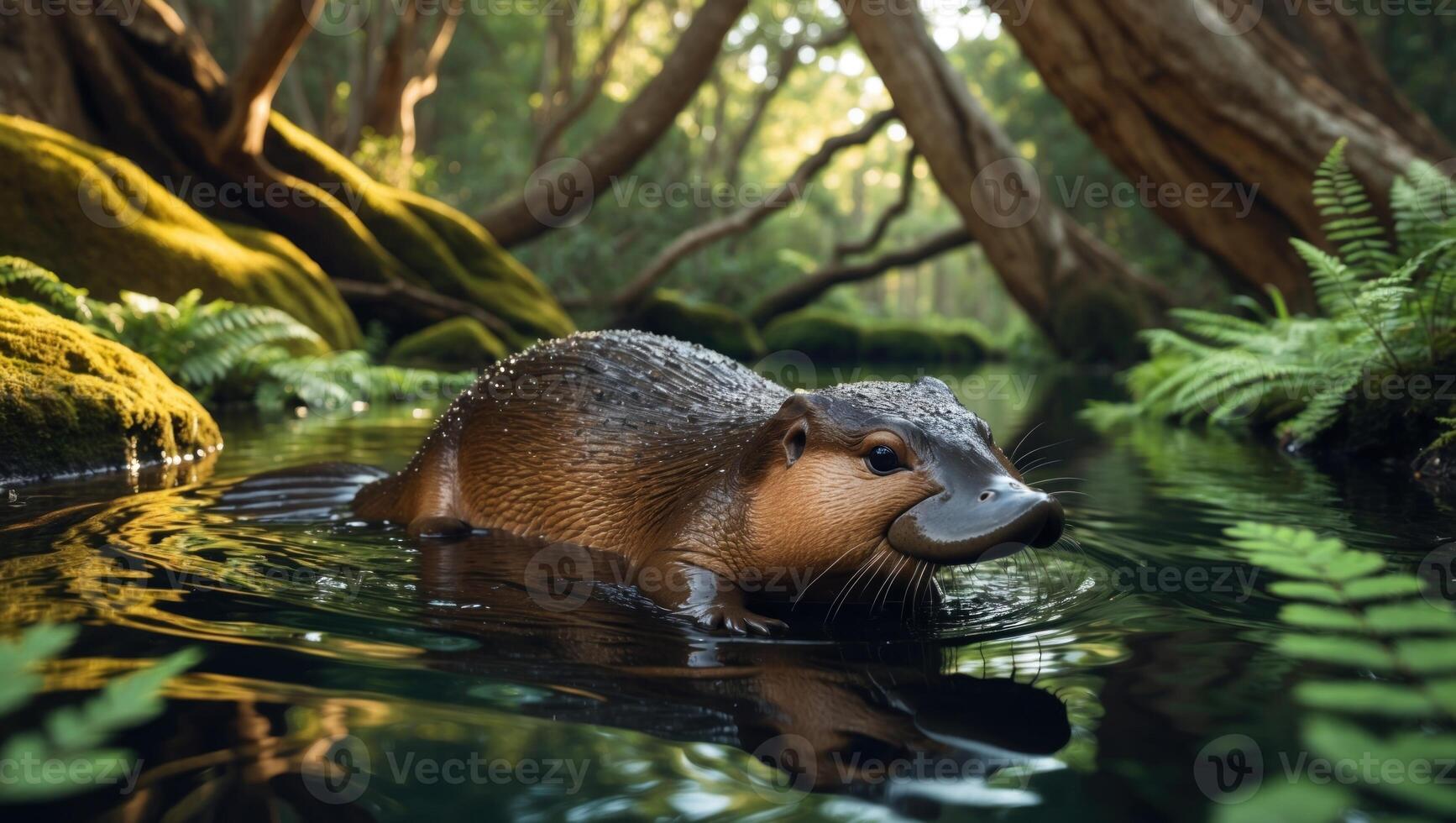 A playful otter swimming in a serene forest stream surrounded by lush greenery and sunlight photo