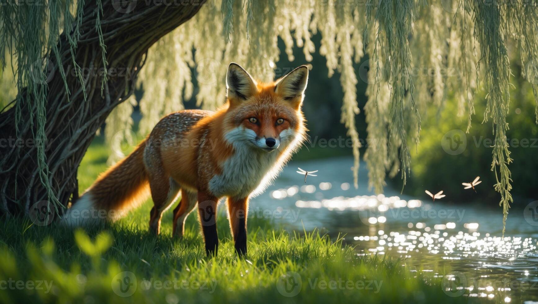 A majestic red fox standing gracefully by a shimmering stream, surrounded by lush greenery and soft sunlight photo