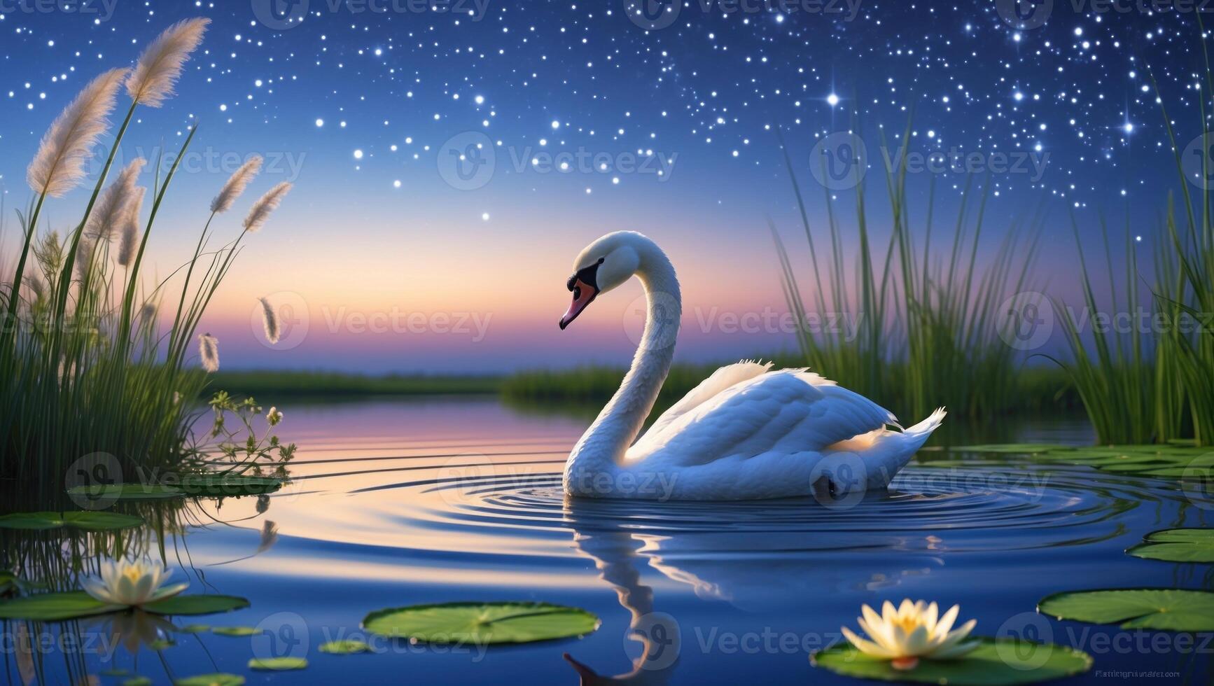 Elegant swan gliding across a serene lake at twilight, surrounded by reeds and lily pads under a starry sky photo
