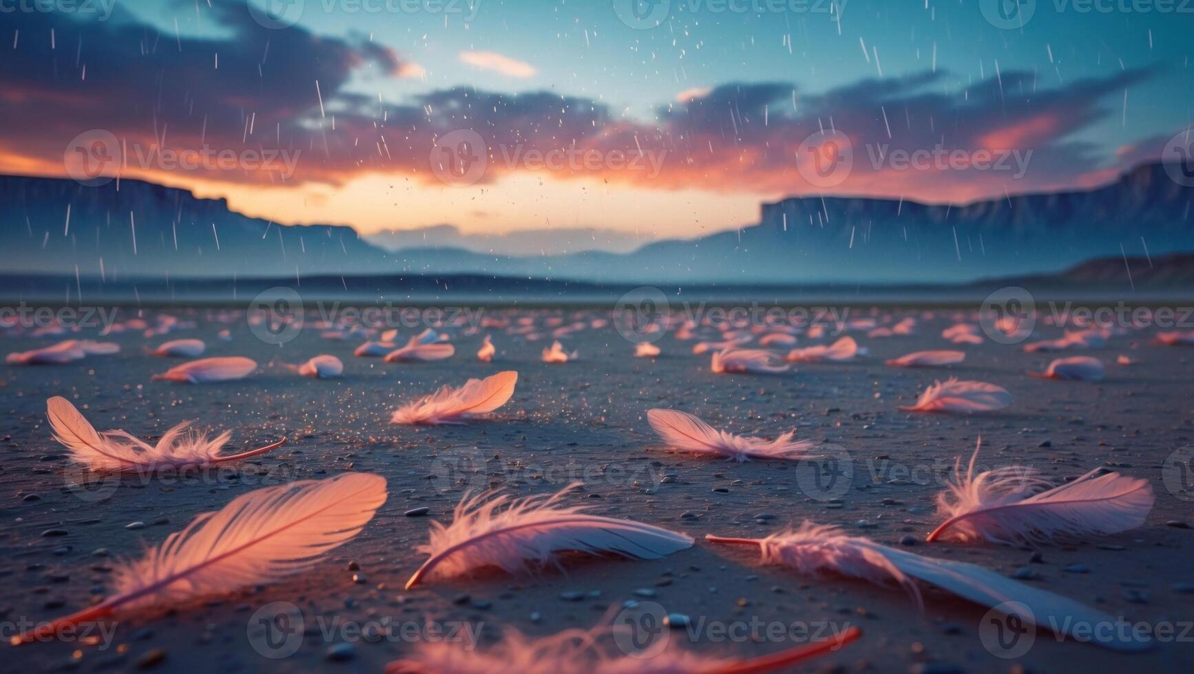 Soft pink feathers scattered across a wet surface under a colorful sunset with distant mountains photo