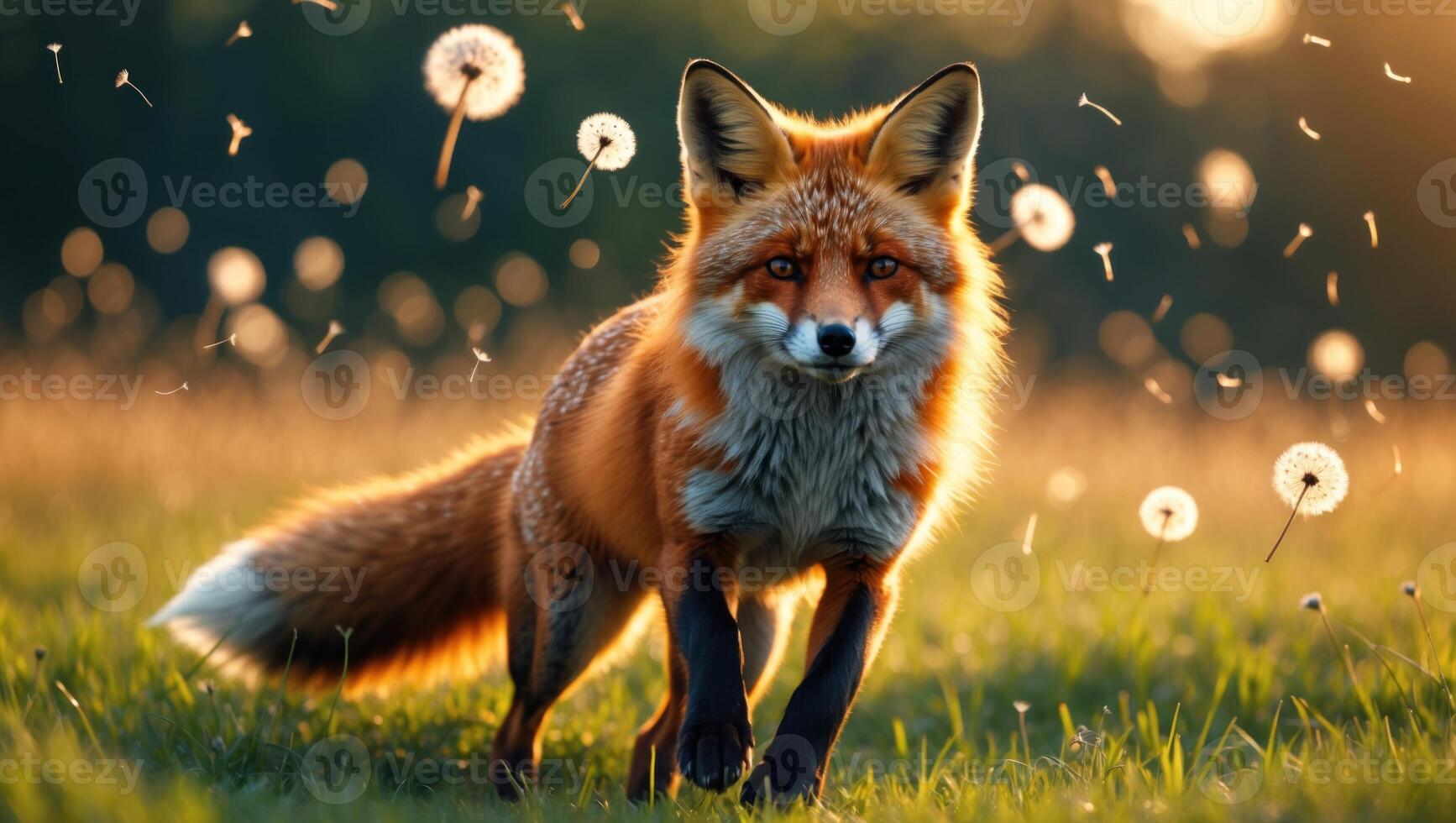 A vibrant red fox walks gracefully through a sunlit field of dandelions, creating a serene atmosphere photo