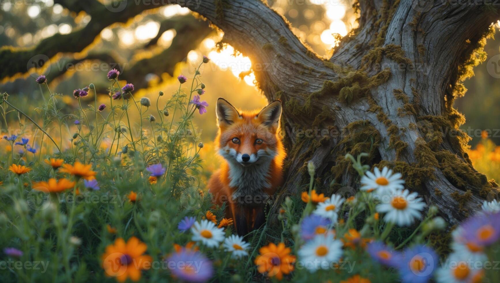 A red fox peeking through colorful wildflowers near an ancient tree during a golden sunset photo