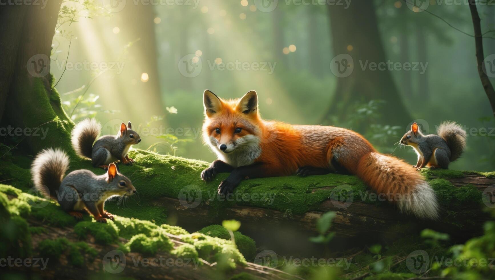 A serene forest scene featuring a red fox resting on a mossy log surrounded by playful squirrels photo