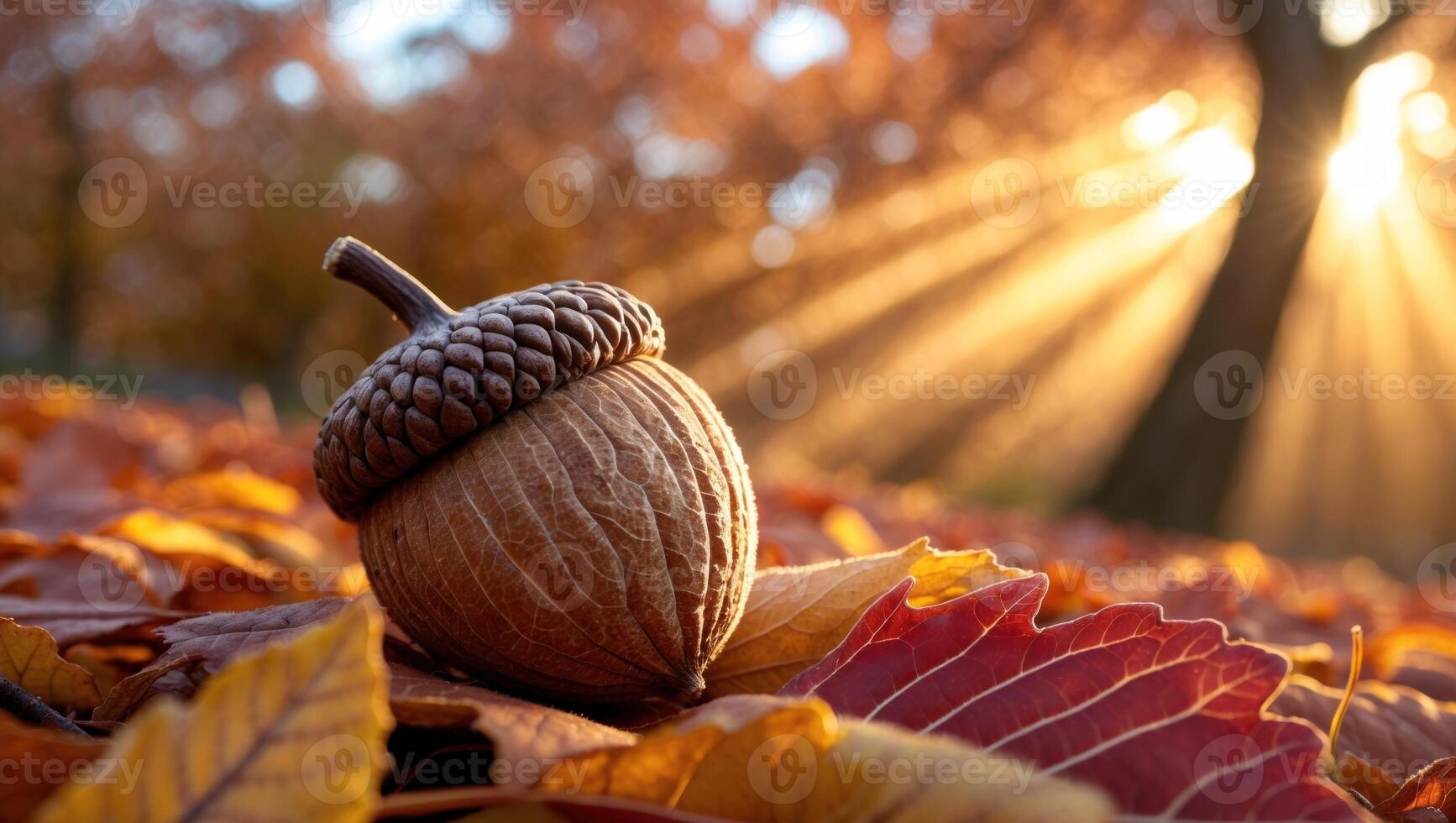 Acorn resting on colorful autumn leaves with sunlight streaming through trees in a serene forest photo