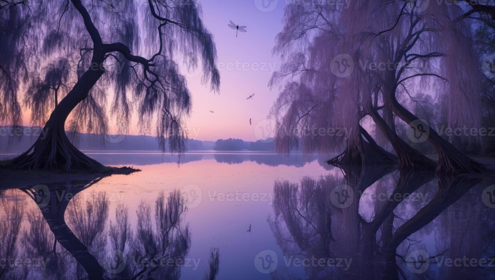 Serene twilight over a tranquil lake with willow trees, reflecting colorful skies and dragonflies photo