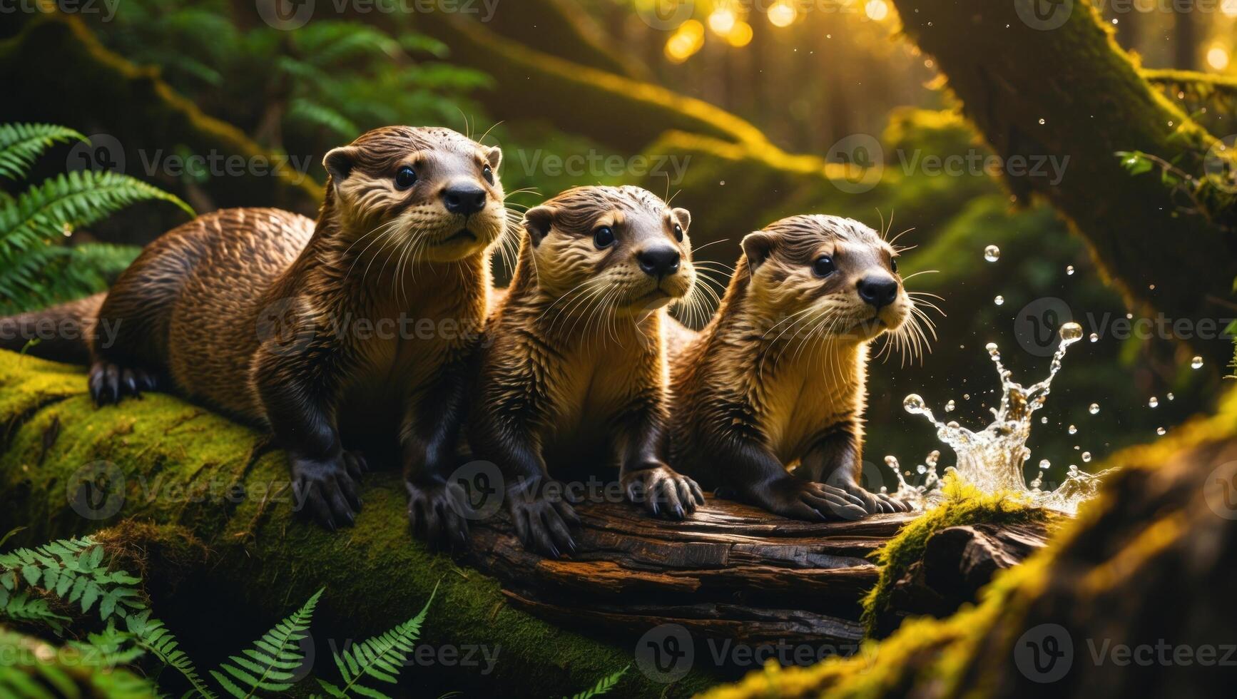 Three playful otters perched on a mossy log by a sparkling stream in a lush forest at sunset photo