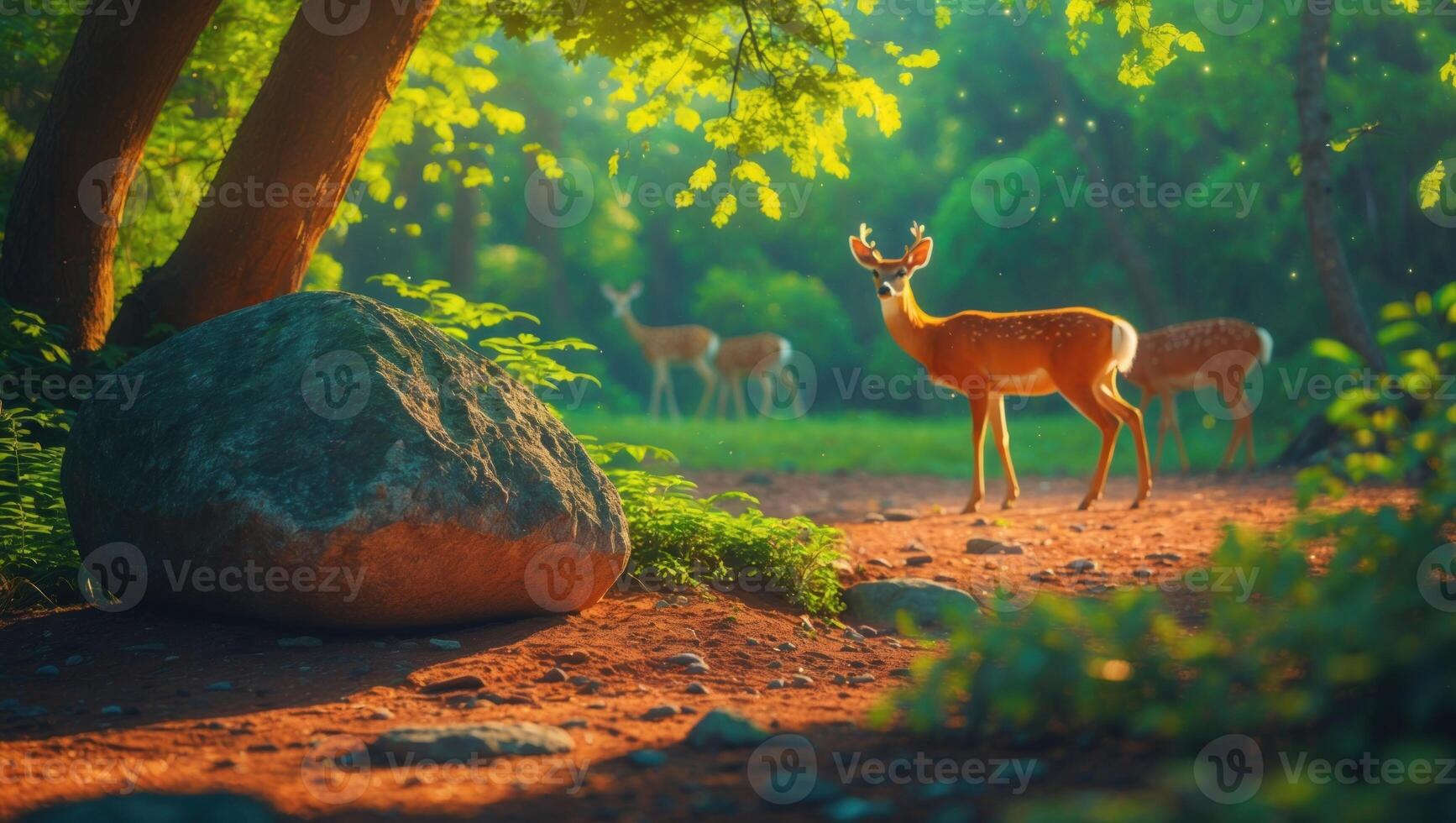 A serene forest scene featuring a deer standing on a dirt path with other deer in the background photo