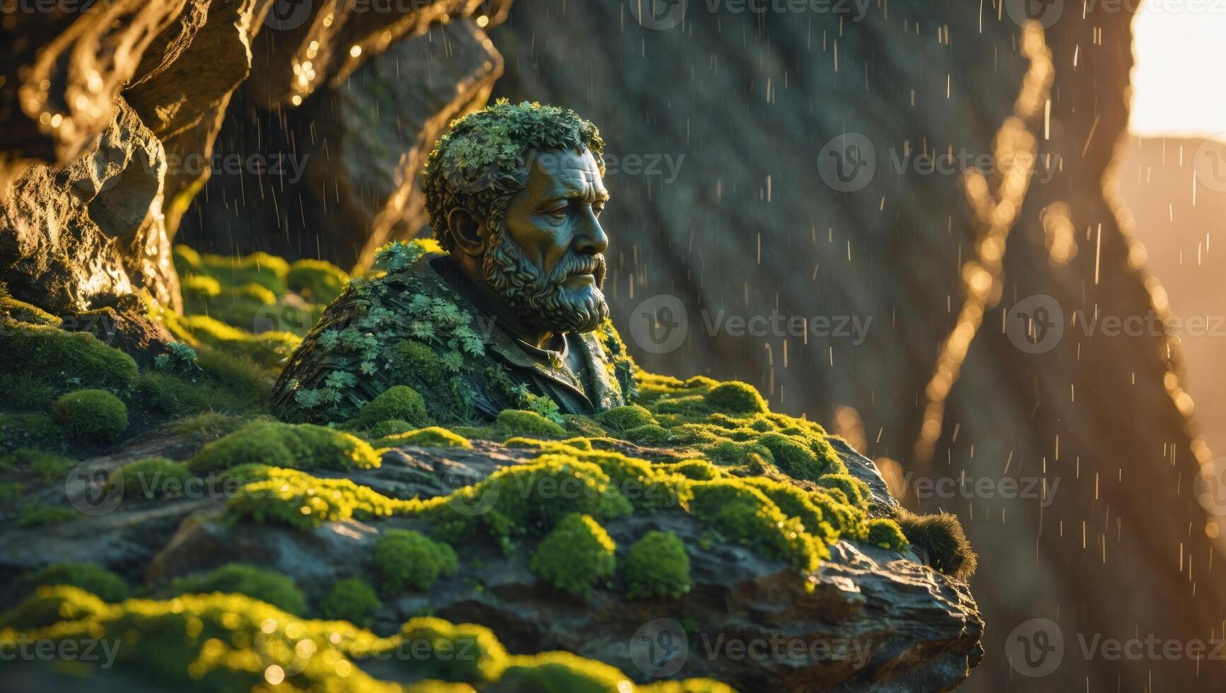 Moss-covered statue of a man nestled in a rocky cliff, illuminated by golden sunset rays photo