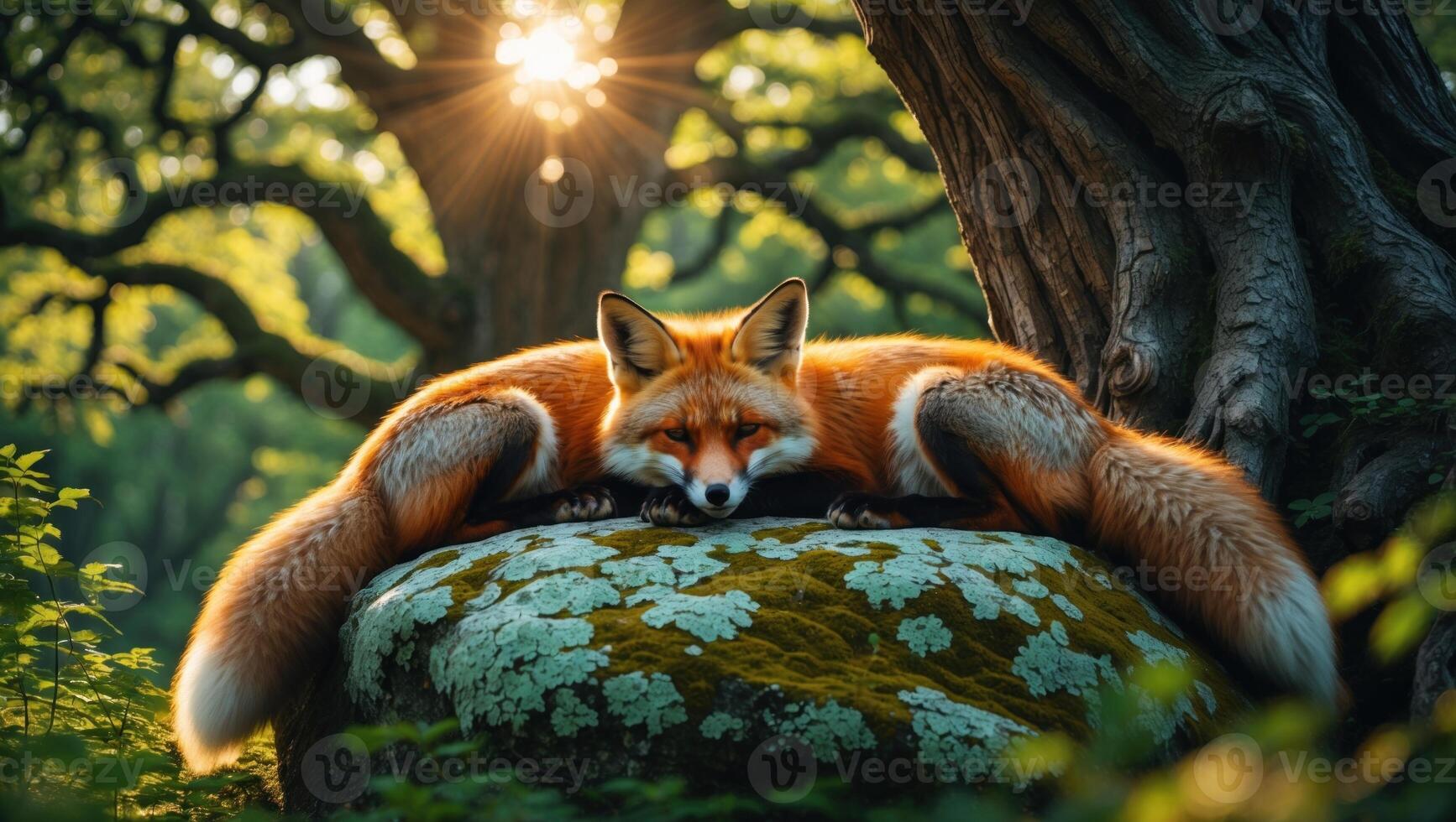 A serene red fox resting on a moss-covered rock in a sunlit forest, surrounded by lush greenery photo