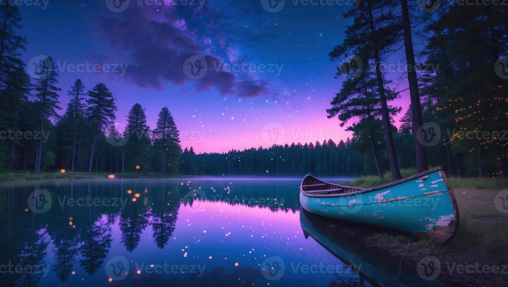 Serene twilight at a tranquil lake with a canoe, surrounded by tall trees and a colorful sky photo