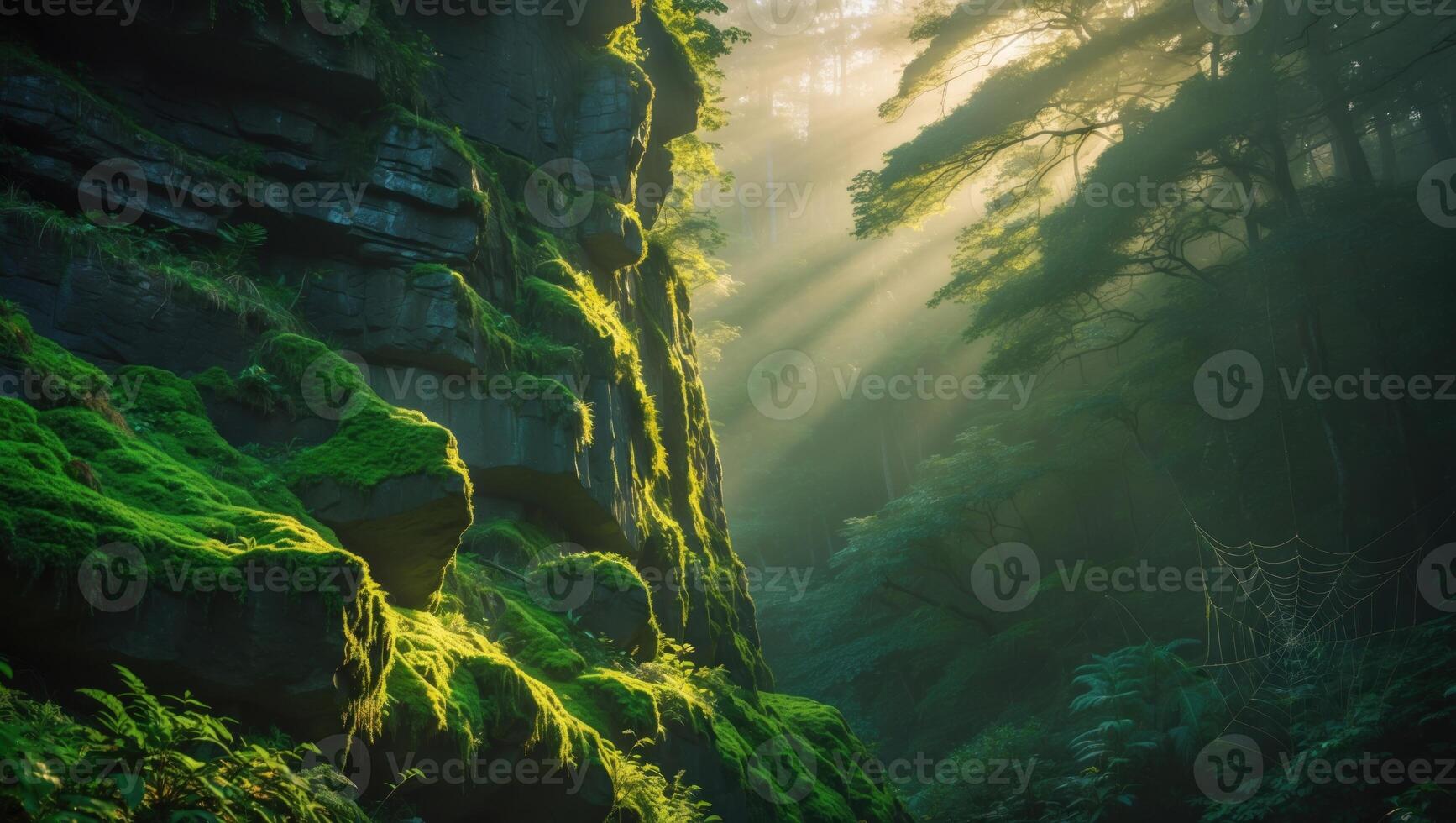 Serene forest landscape with sunlight filtering through trees, illuminating moss-covered rocks photo