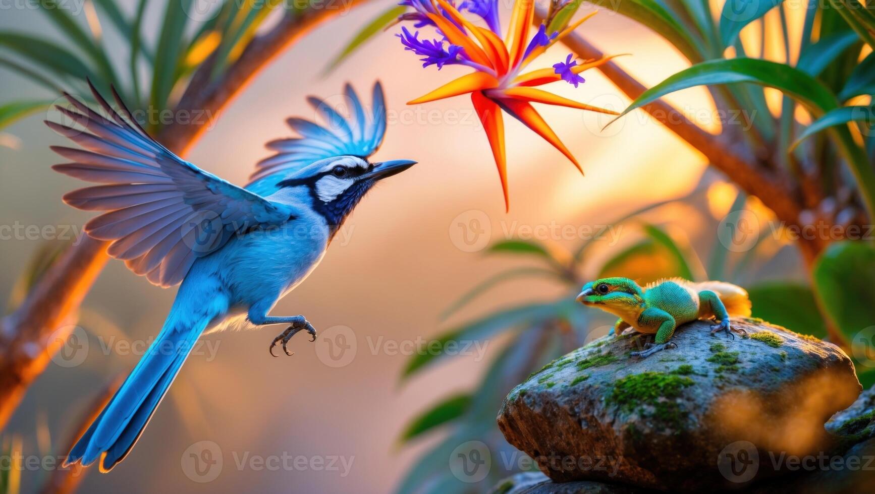 Colorful bird in mid-flight approaching a vibrant flower with a lizard perched on a rock in nature photo