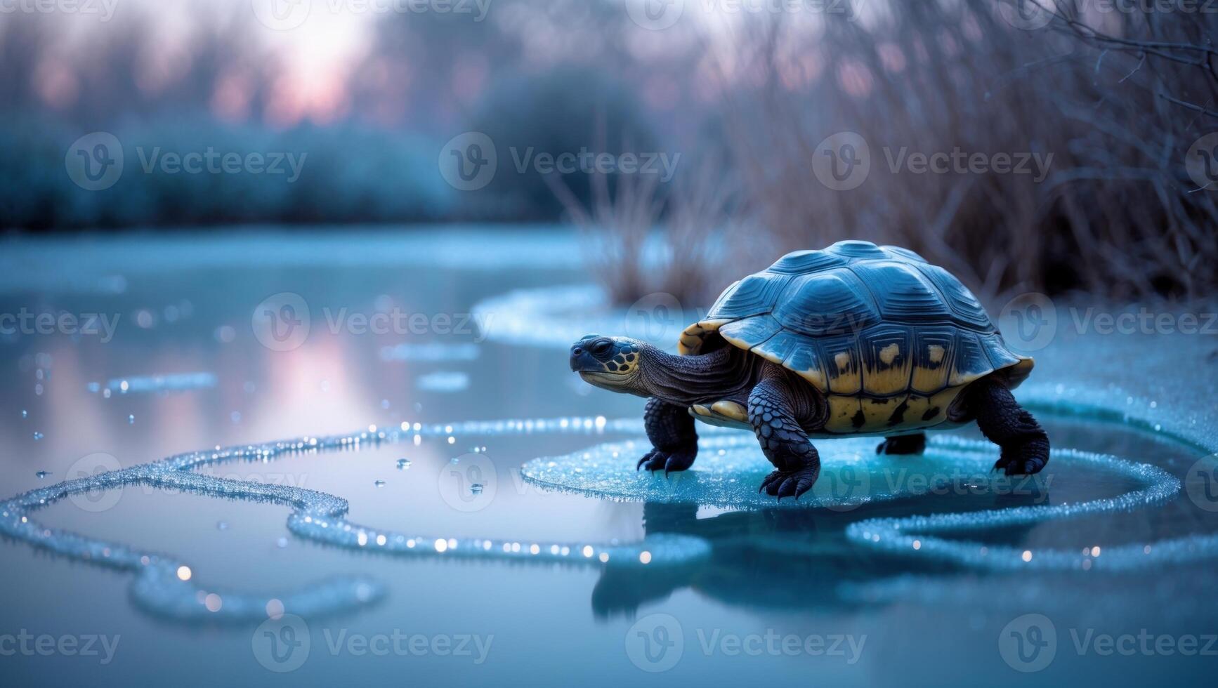 A tortoise navigating through icy waters at dawn, surrounded by frosty grass and a serene landscape photo
