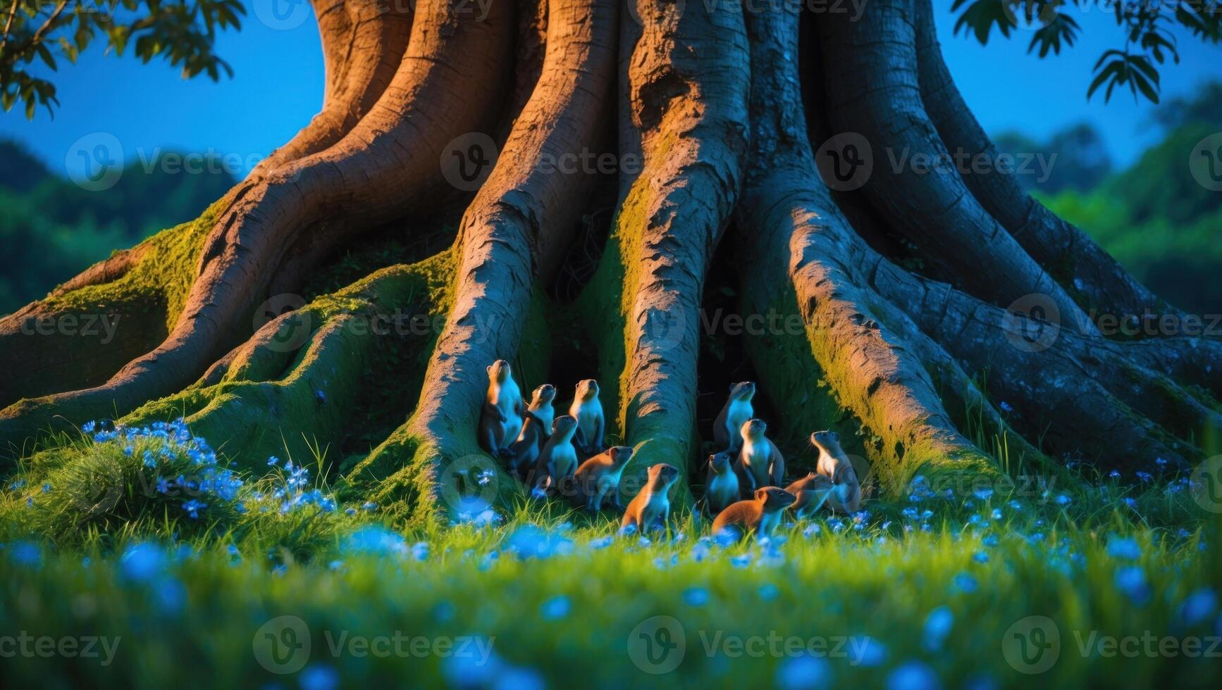 A serene scene of colorful birds gathering around a majestic tree trunk in a lush green meadow photo