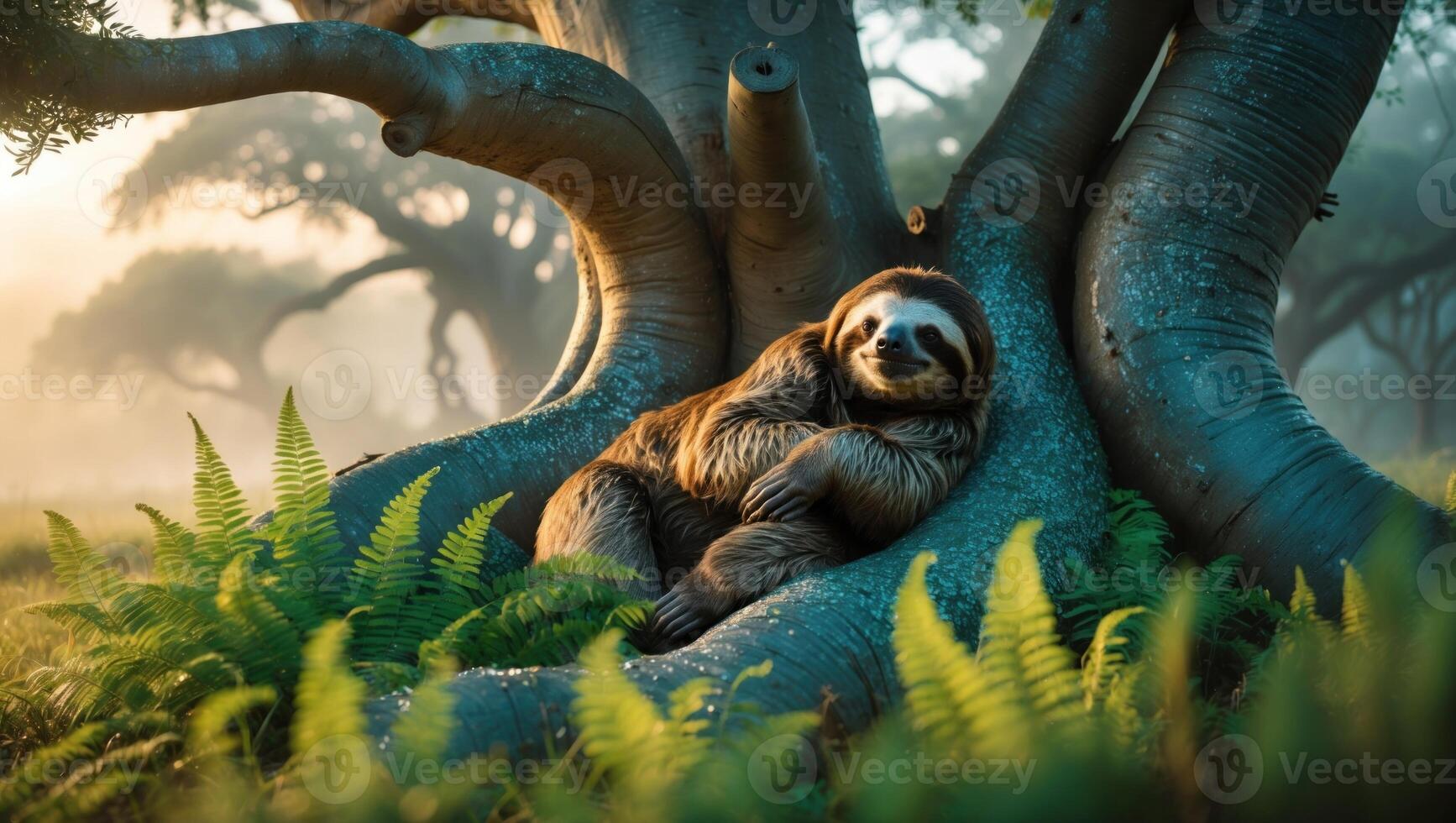 Sloth Relaxing on a Large Tree Root Surrounded by Ferns in a Misty Forest at Dawn photo