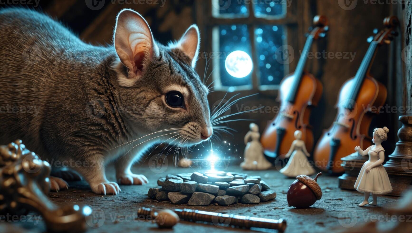 A curious cat explores a mystical scene with miniature figures and glowing stones in a cozy room photo