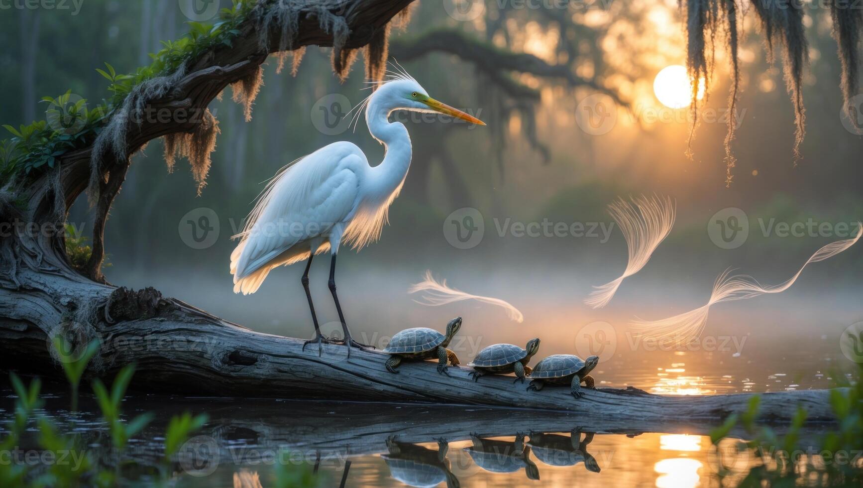 A serene scene of a great egret standing on a log beside turtles at sunrise in a misty wetland photo