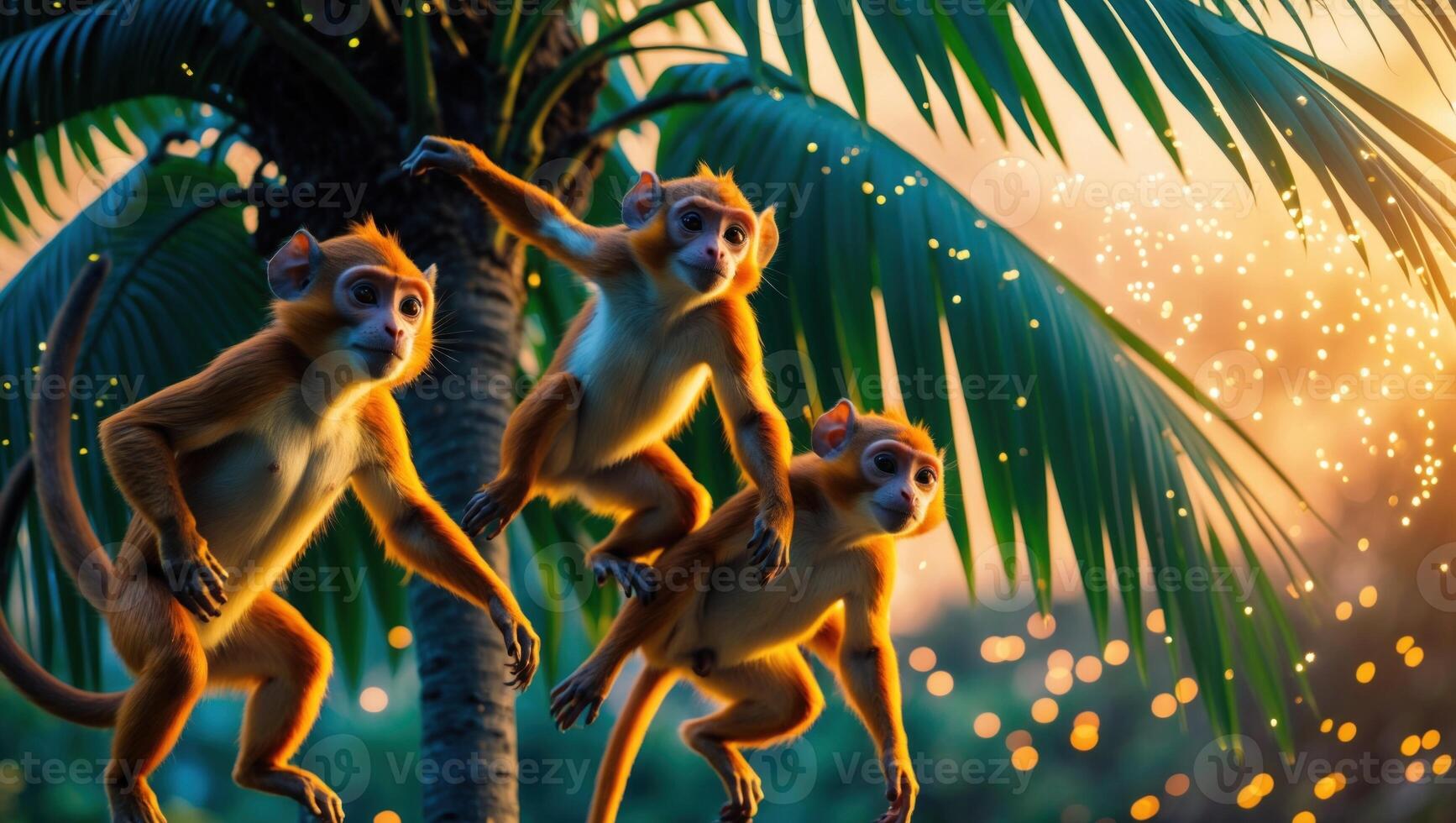 Three playful monkeys climbing a palm tree at sunset, surrounded by sparkling lights in the background photo