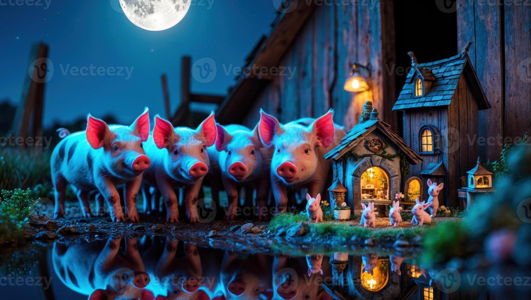 A whimsical scene of five pigs gathered by a pond near a cozy cottage under a full moon photo