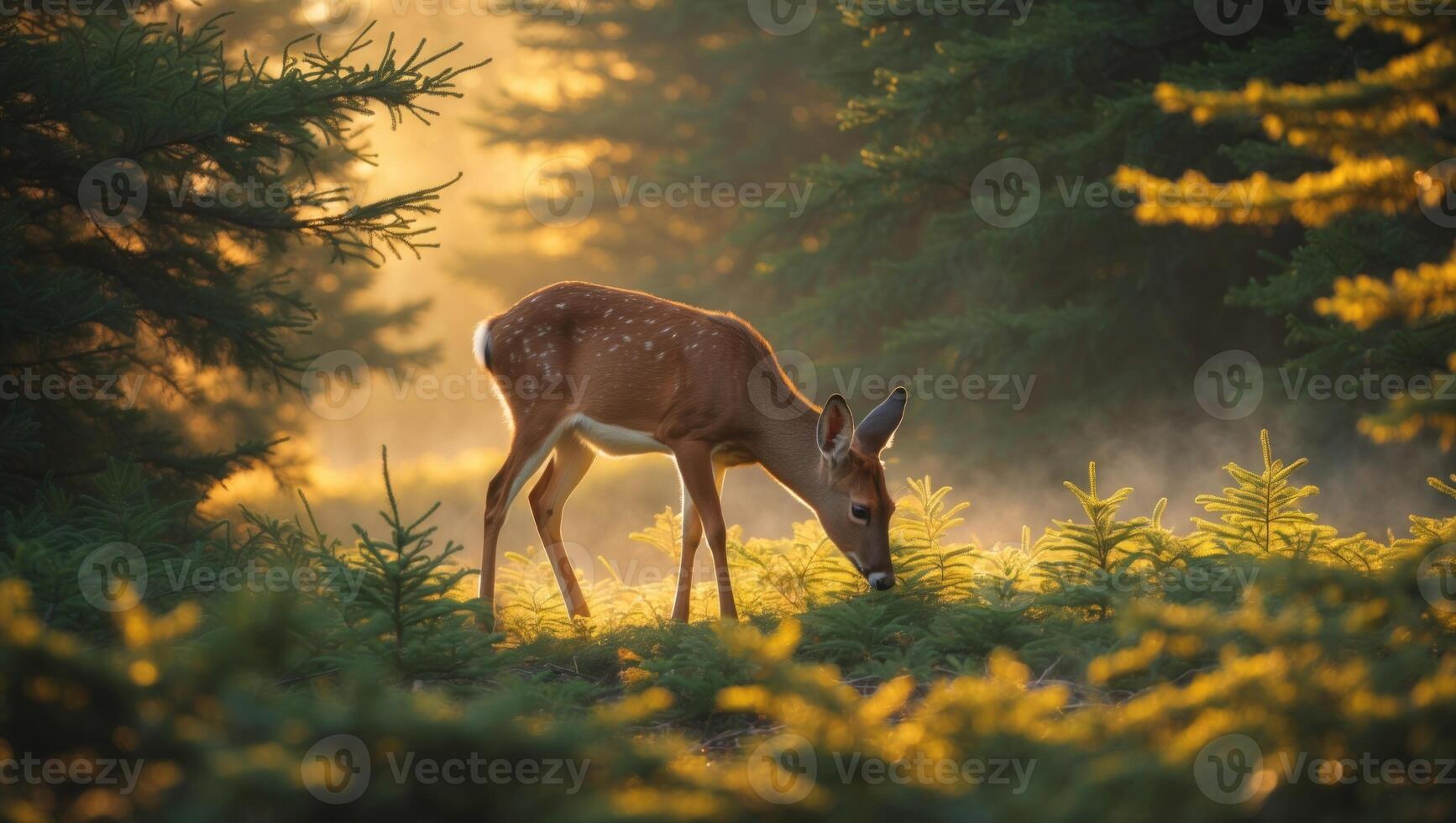 A serene deer grazing in a sunlit forest clearing surrounded by lush greenery and soft mist photo