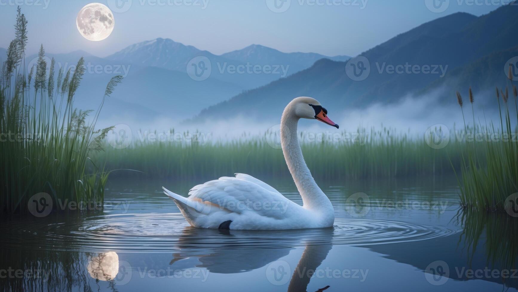 Majestic swan gliding across a serene lake under a full moon, surrounded by misty mountains and lush reeds photo