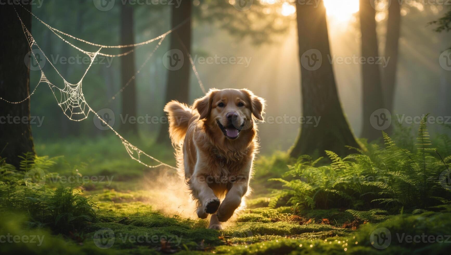Golden retriever joyfully running through a misty forest with sunlight filtering through trees photo