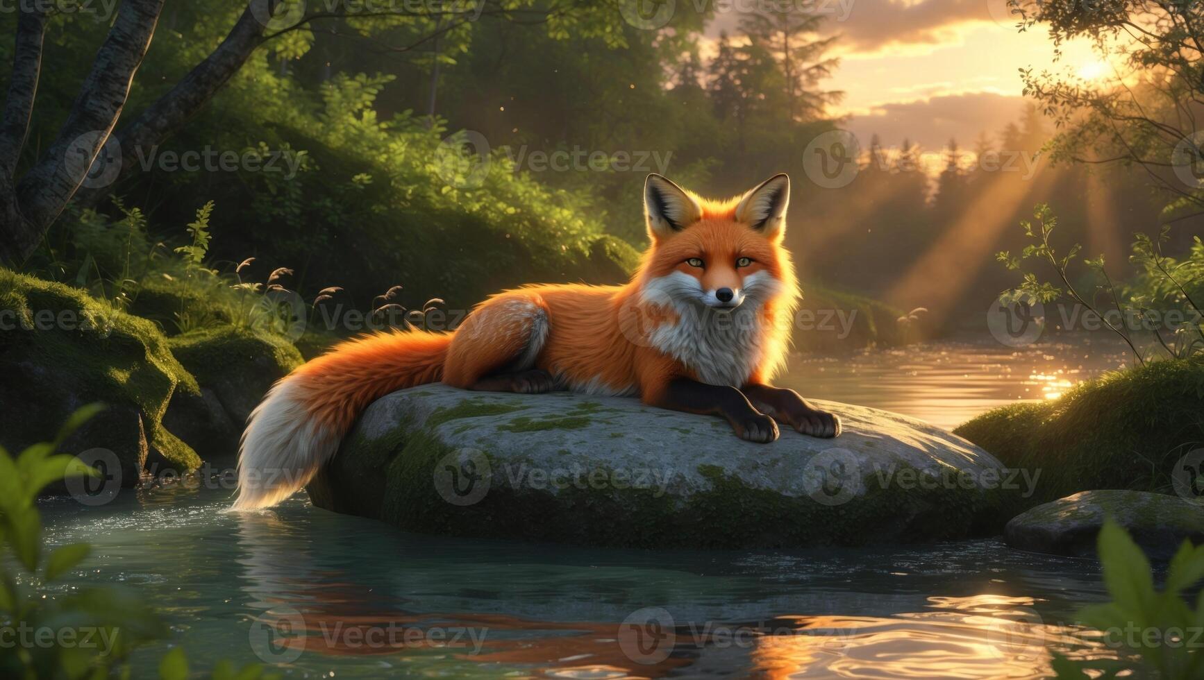Majestic red fox resting on a rock by a serene river at sunset, surrounded by lush greenery and soft light photo