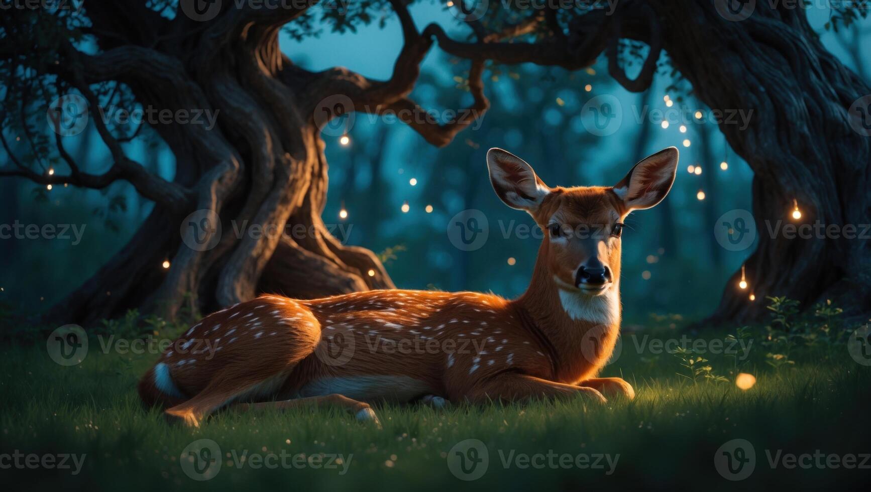 Serene deer resting under glowing trees in a magical forest at twilight, surrounded by fireflies photo