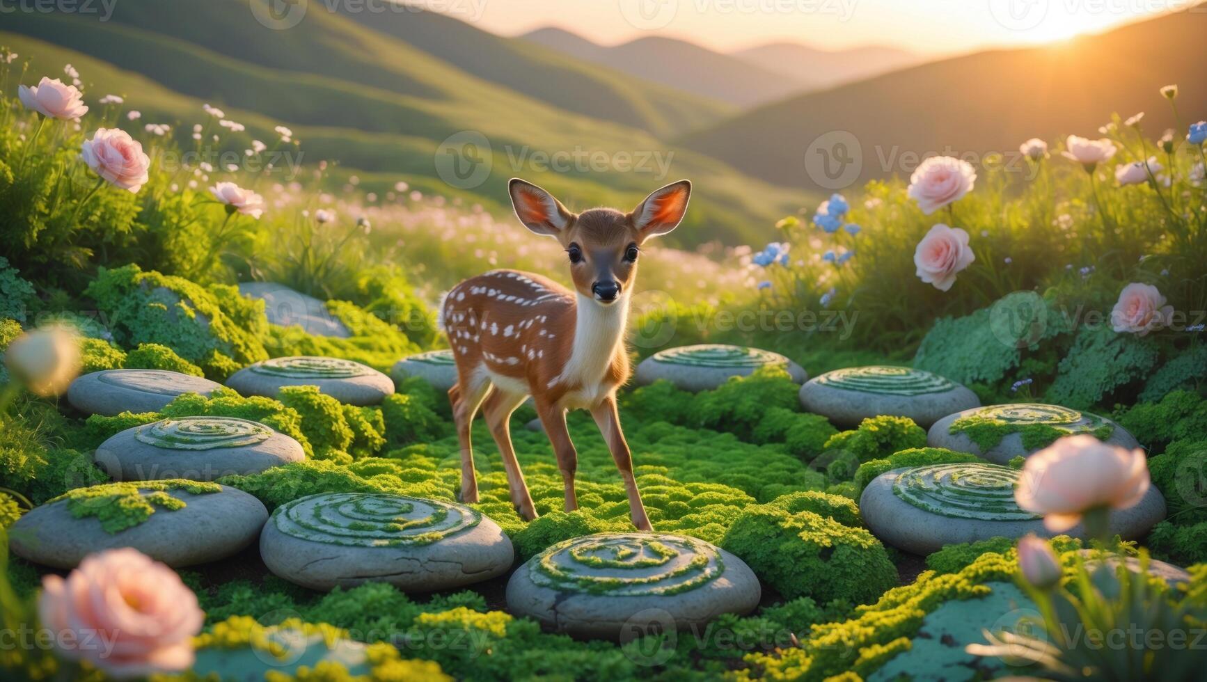 A serene fawn standing on stone patterns in a lush green meadow adorned with blooming roses at sunset photo